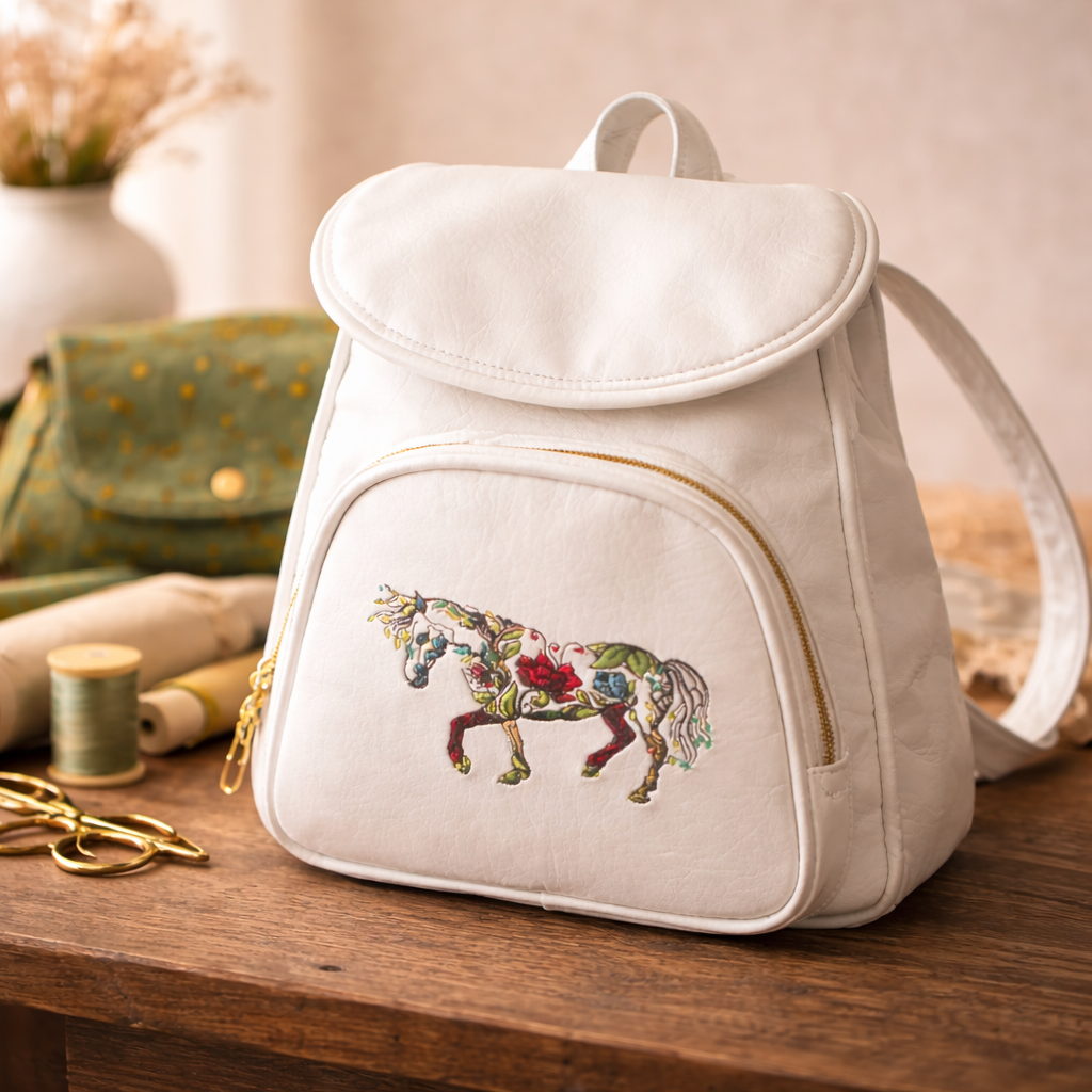 White backpack with embroidered colorful unicorn on the front pocket, placed on a wooden surface alongside sewing tools and fabric, with a blurred background of a vase with flowers.