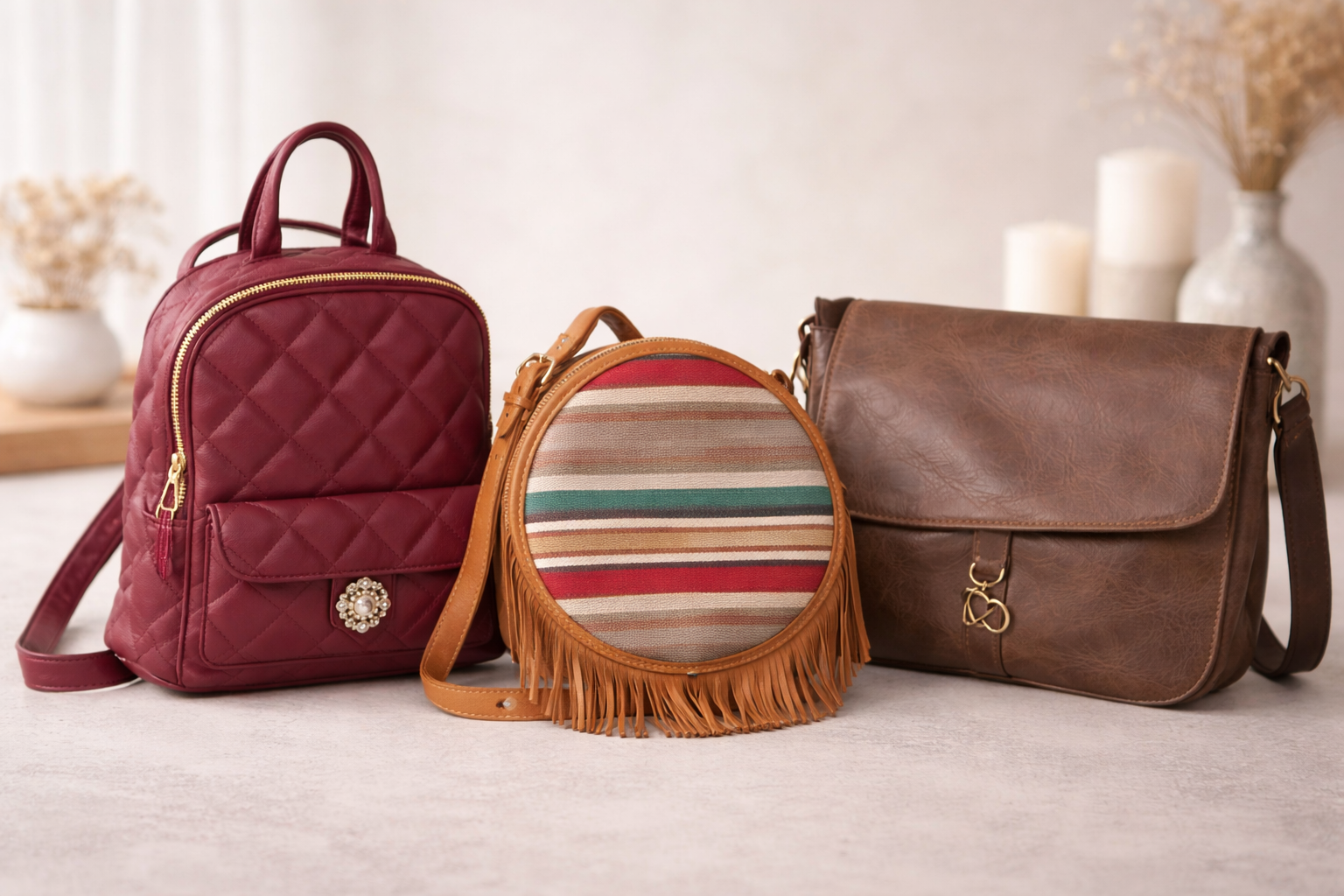 Three bags arranged on a light-colored surface, with blurred white vases with candles and dried flowers in the background.