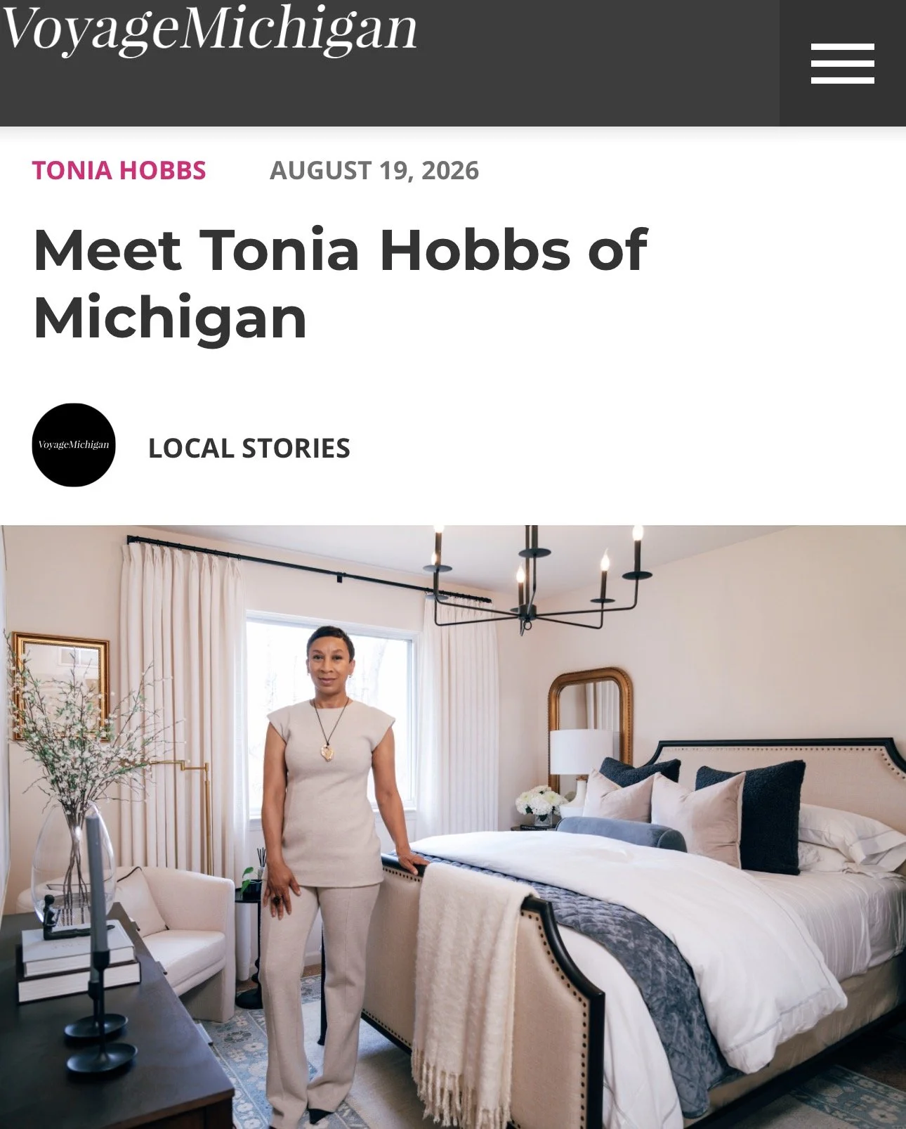 Voyage Michigan magazine cover in designed bedroom