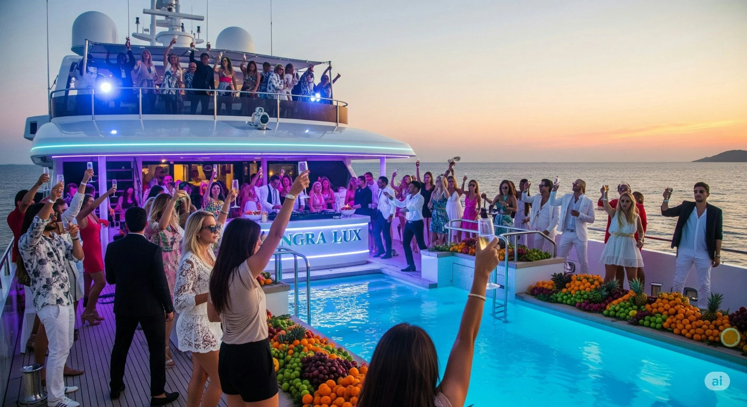 A yacht party during sunset with people dancing, drinking, and socializing near a pool, with a view of the ocean in the background.