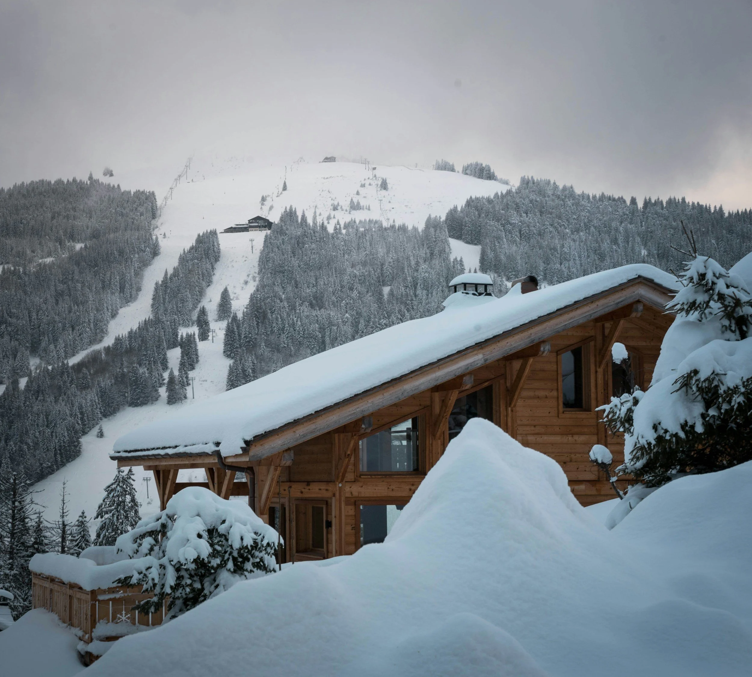 A wooden mountain cabin covered in snow, with snow-laden trees around it and a snow-covered mountain in the background.