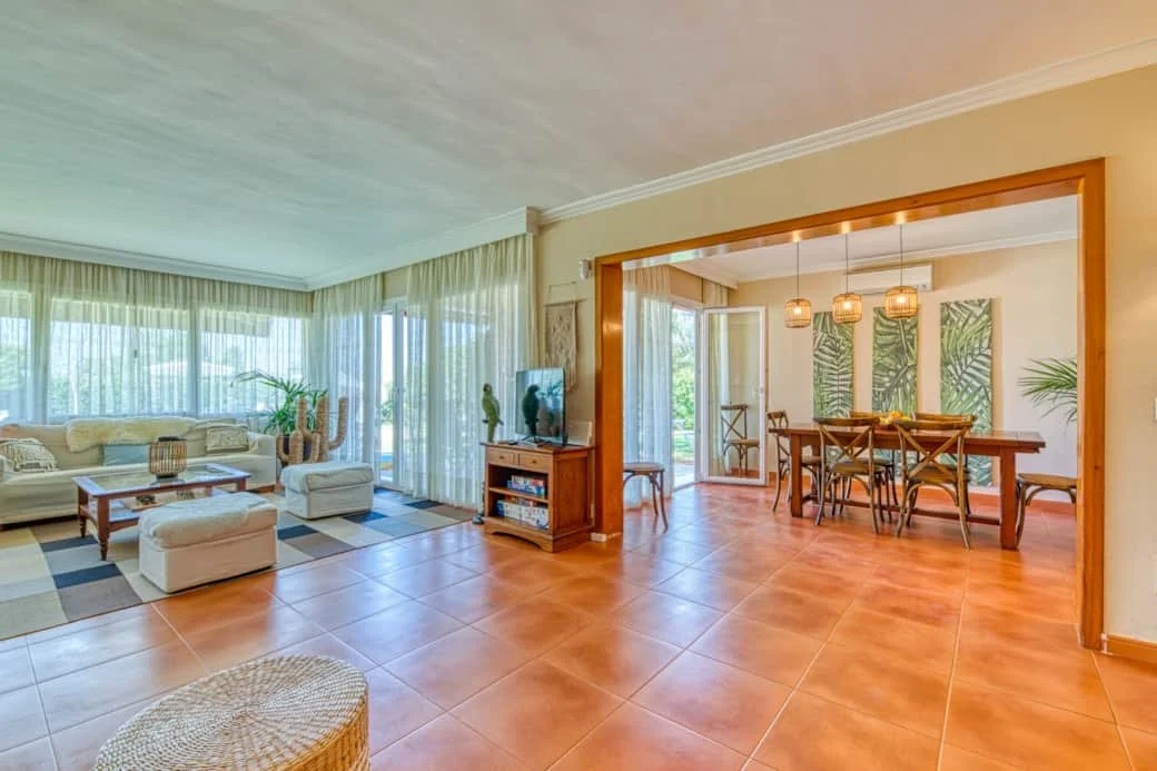 Open living room and dining area with large windows, curtains, a beige sofa, coffee table, TV, and tropical-themed wall art.