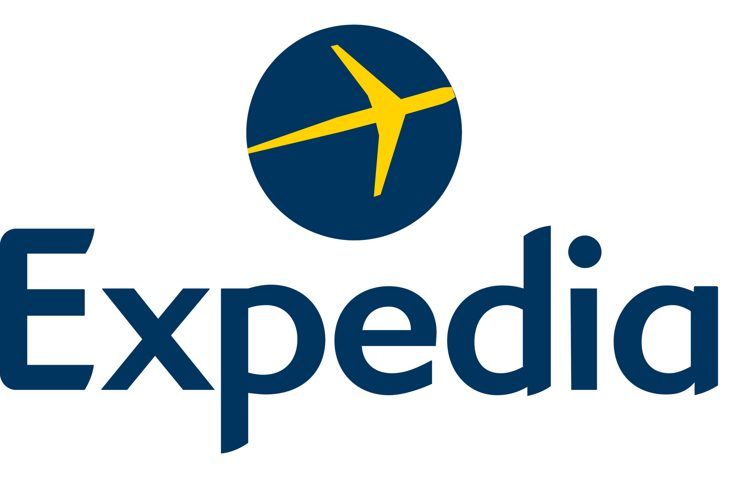 Expedia logo with a blue and yellow airplane icon above the name 'Expedia' in blue text.