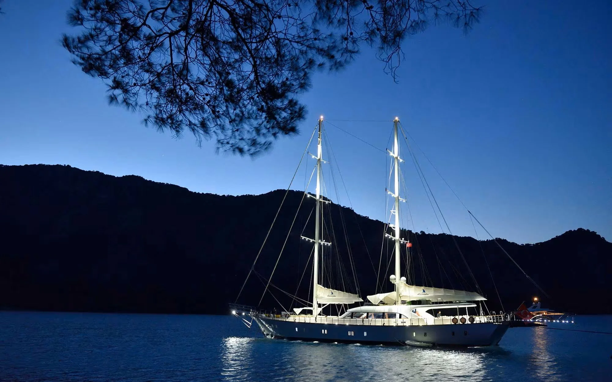 A sailboat anchored on a calm body of water at night, illuminated with lights, with mountains and a tree branch in the background.