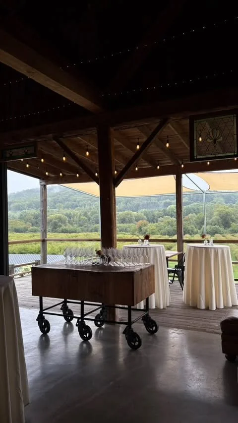 Terrasse ouverte avec vue sur la nature, tables rondes avec nappes blanches, un chariot à boissons ou à nourriture, guirlandes lumineuses au plafond, vue sur un paysage verdoyant au loin.