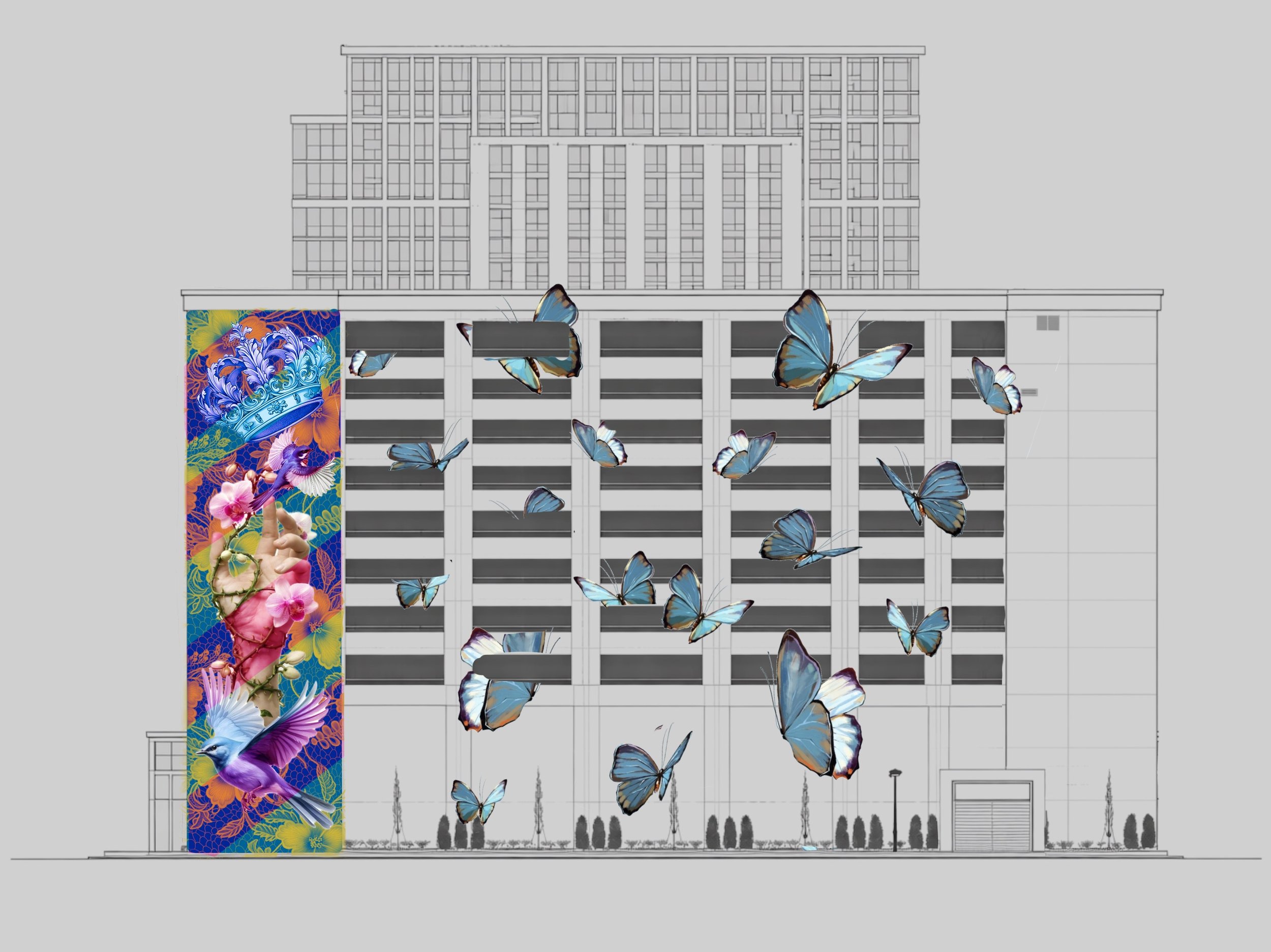 Parking deck murals and architectural plans with designs