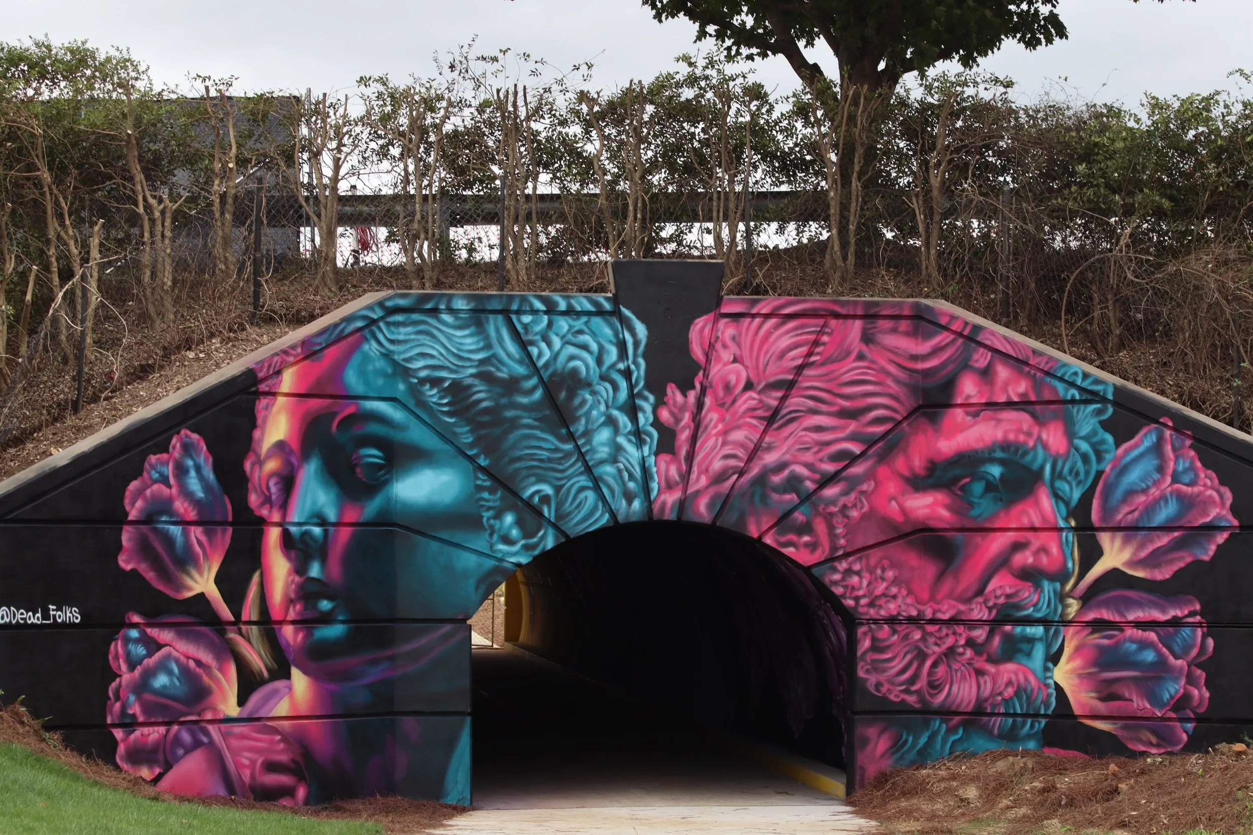A tunnel with vibrant, colorful graffiti art featuring pink, blue, and purple swirling patterns, situated outdoors with trees and a cloudy sky in the background.