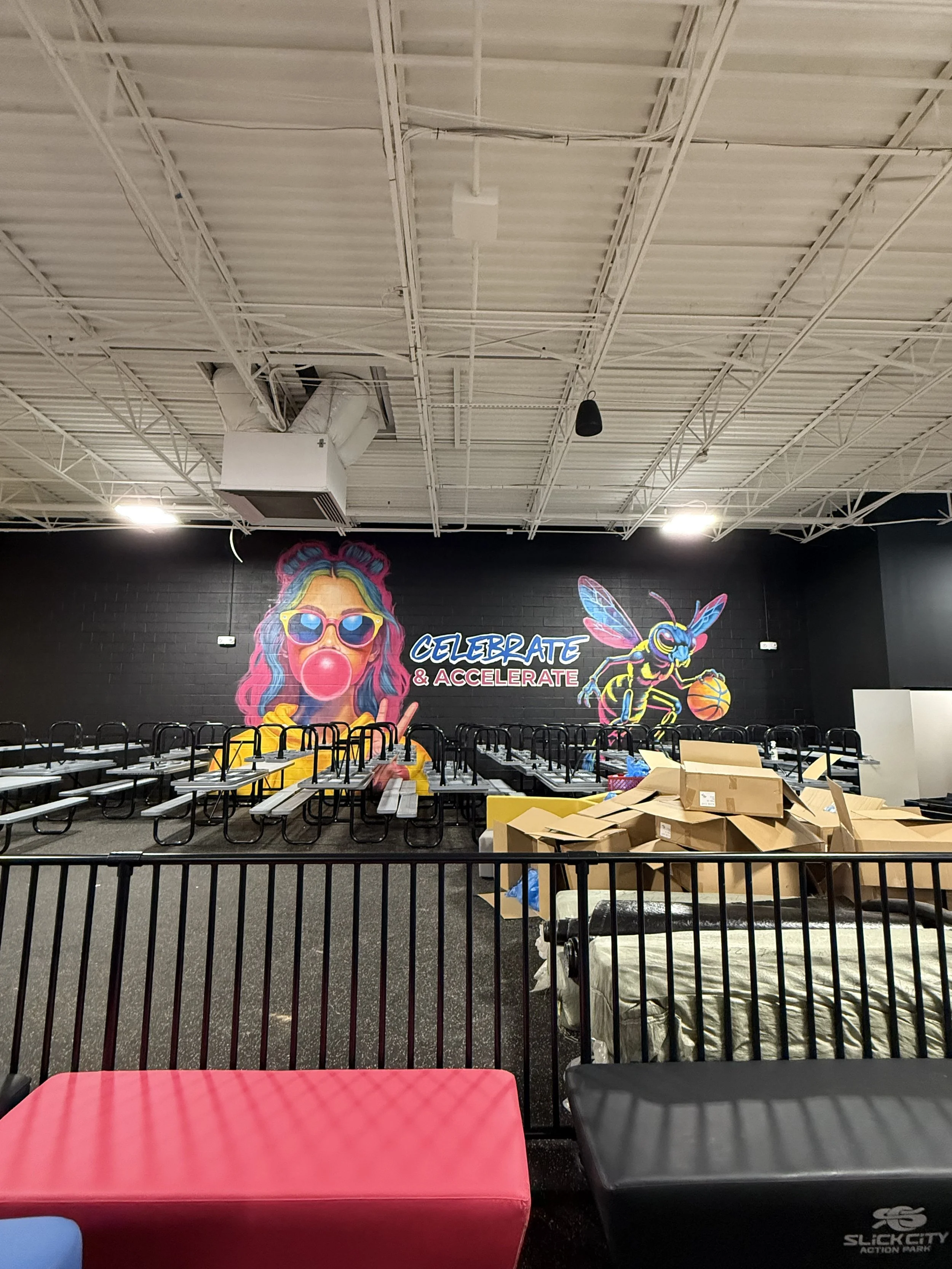 Amusement park mural, design and lettering work. Large interior murals