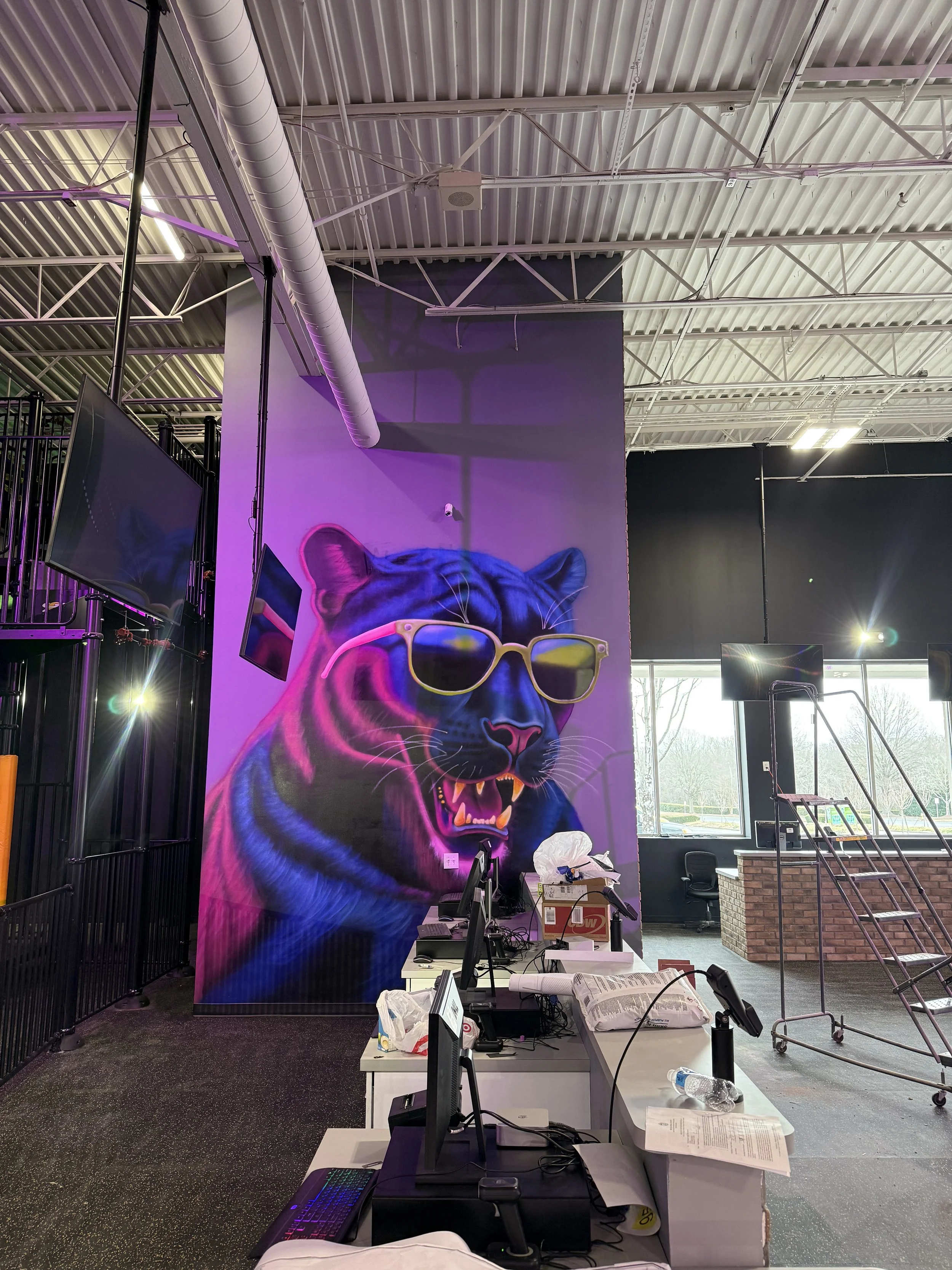 A colorful mural of a black panther painted for a commercial amusement park