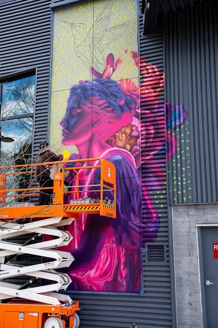 A mural being painted with a lift, certified