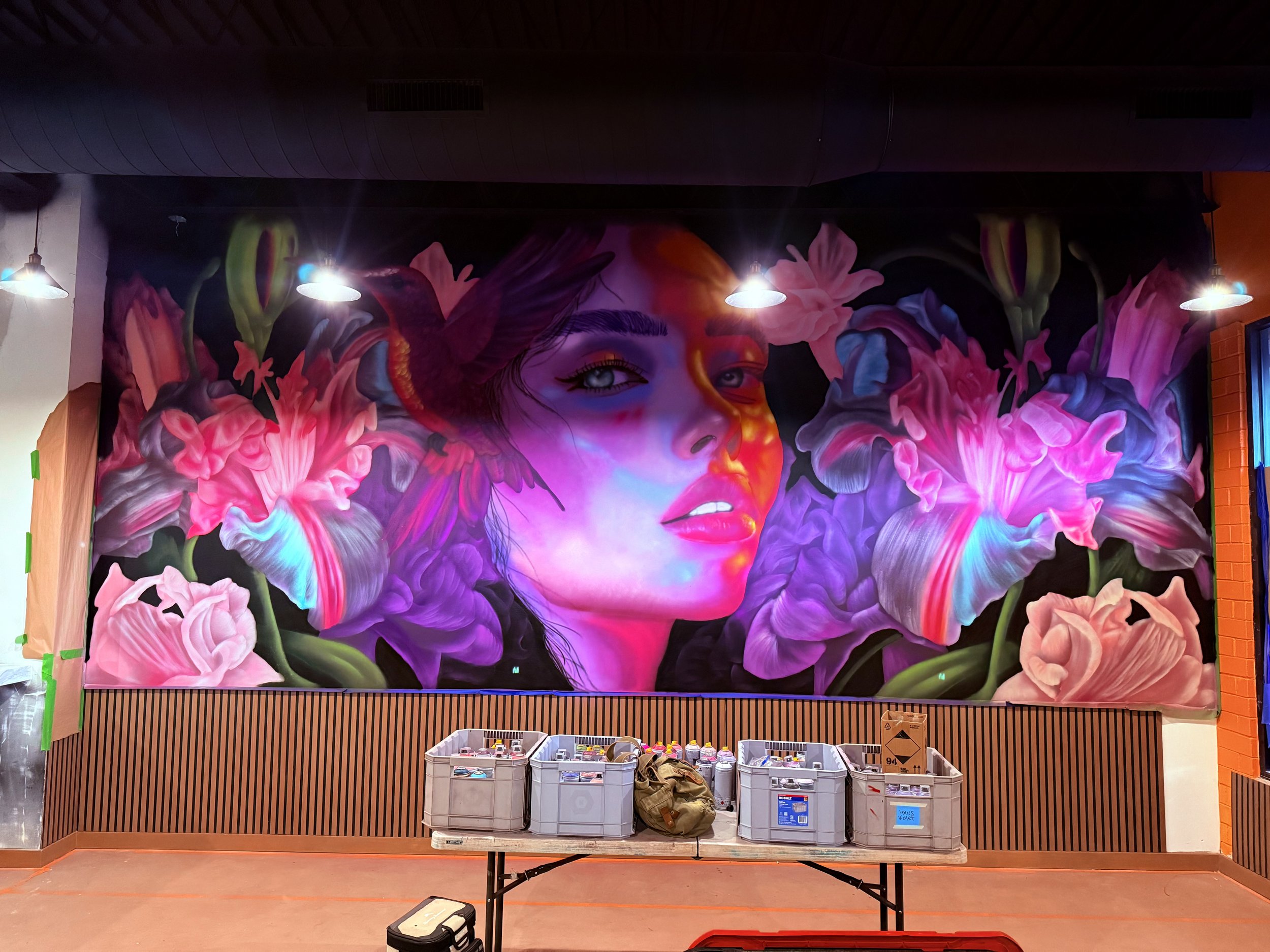 Colorful mural of a women and flora design for a commercial restaurant