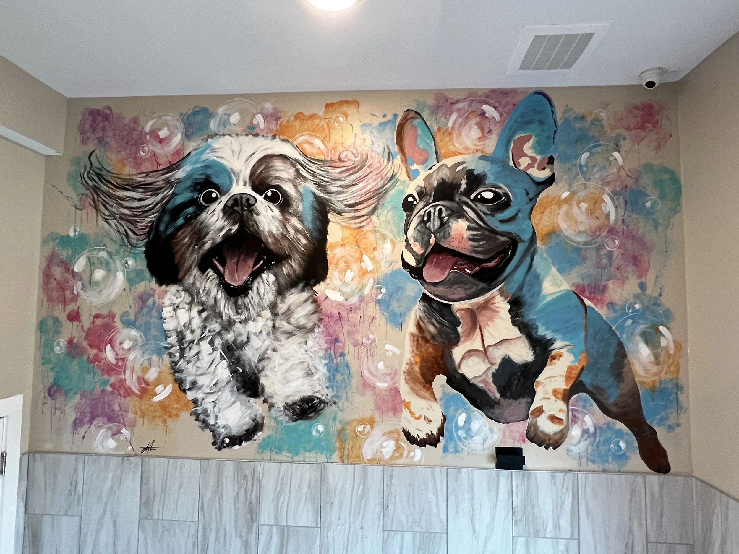A colorful mural of two dogs painted on a wall, surrounded by abstract swirls and bubbles.
