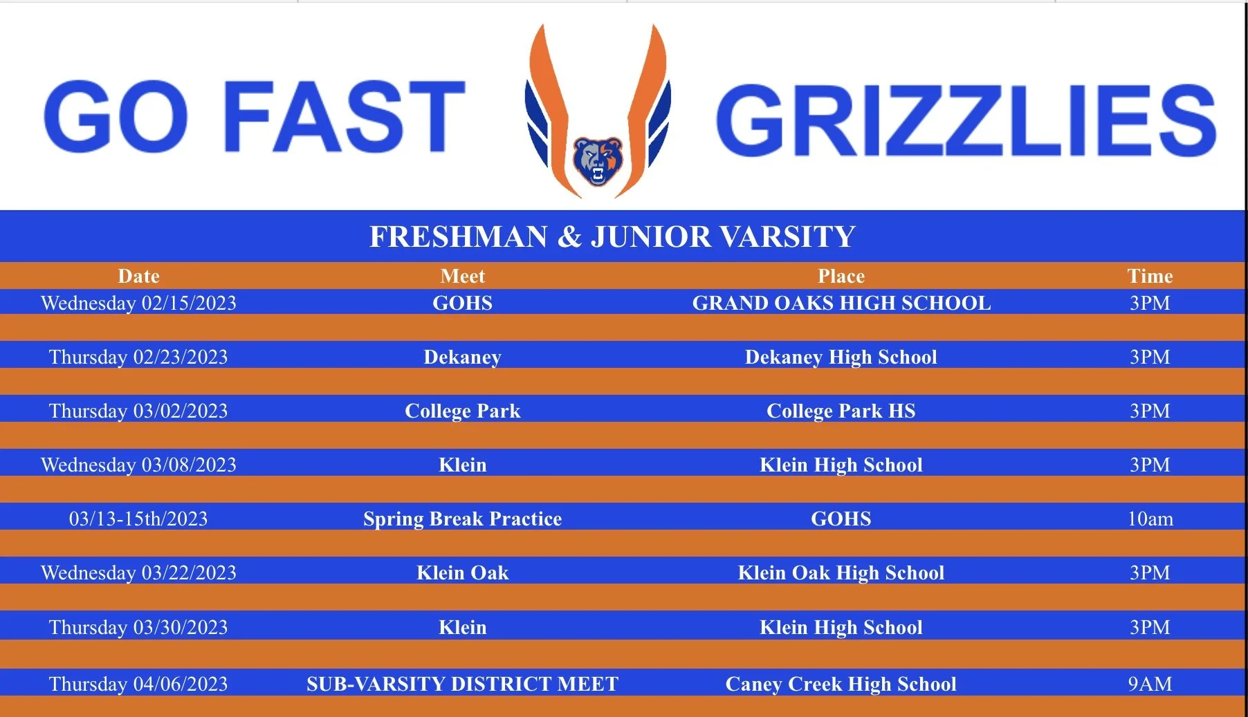 Schedule — GOHS Track & Field