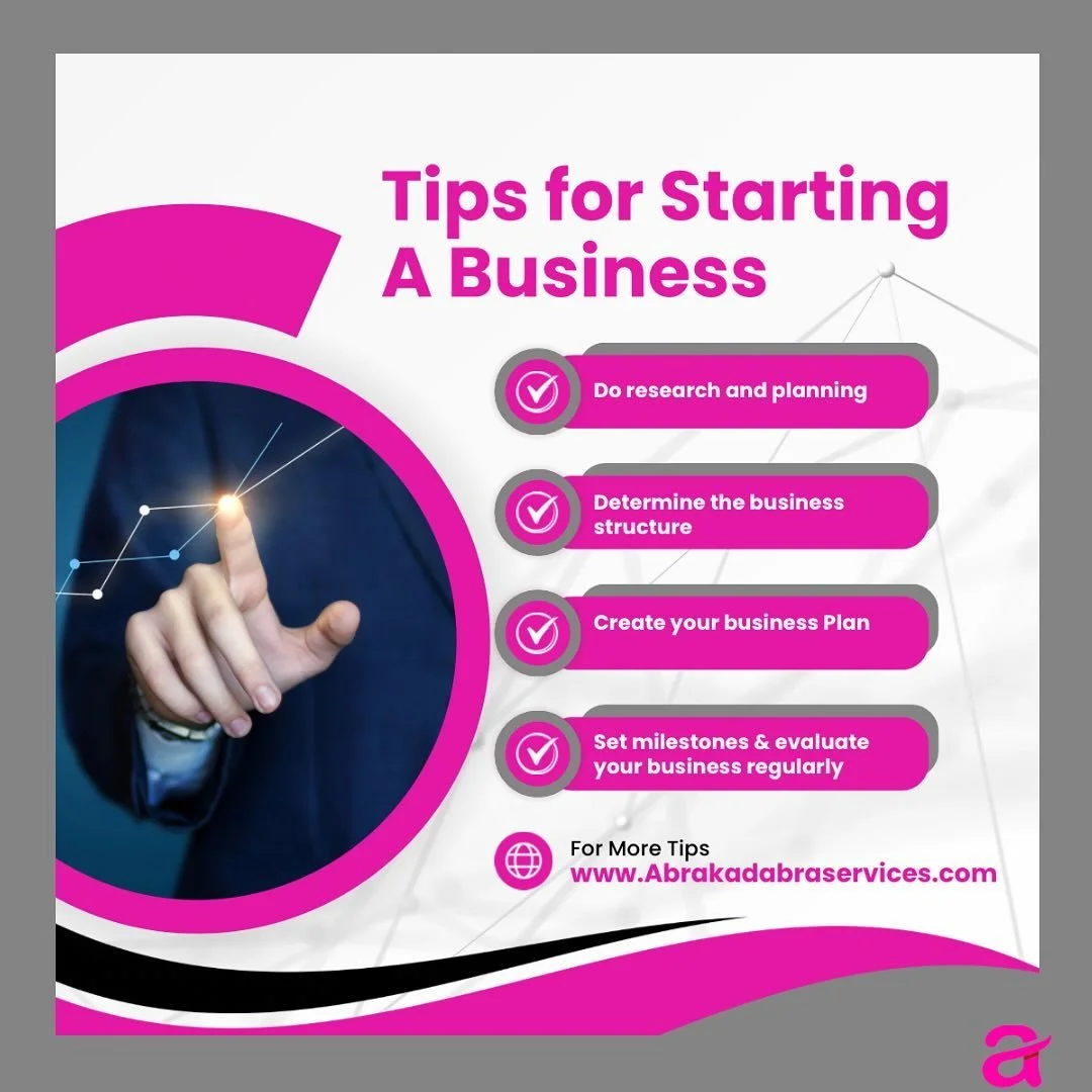 💡 Starting a Business? Here Are Some Tips!💡
Research &amp; Planning: Know your market and plan accordingly.
Business Structure: Choose the right structure for your needs.
Business Plan: Outline your goals and strategies. Let Abrakadabra Services gu