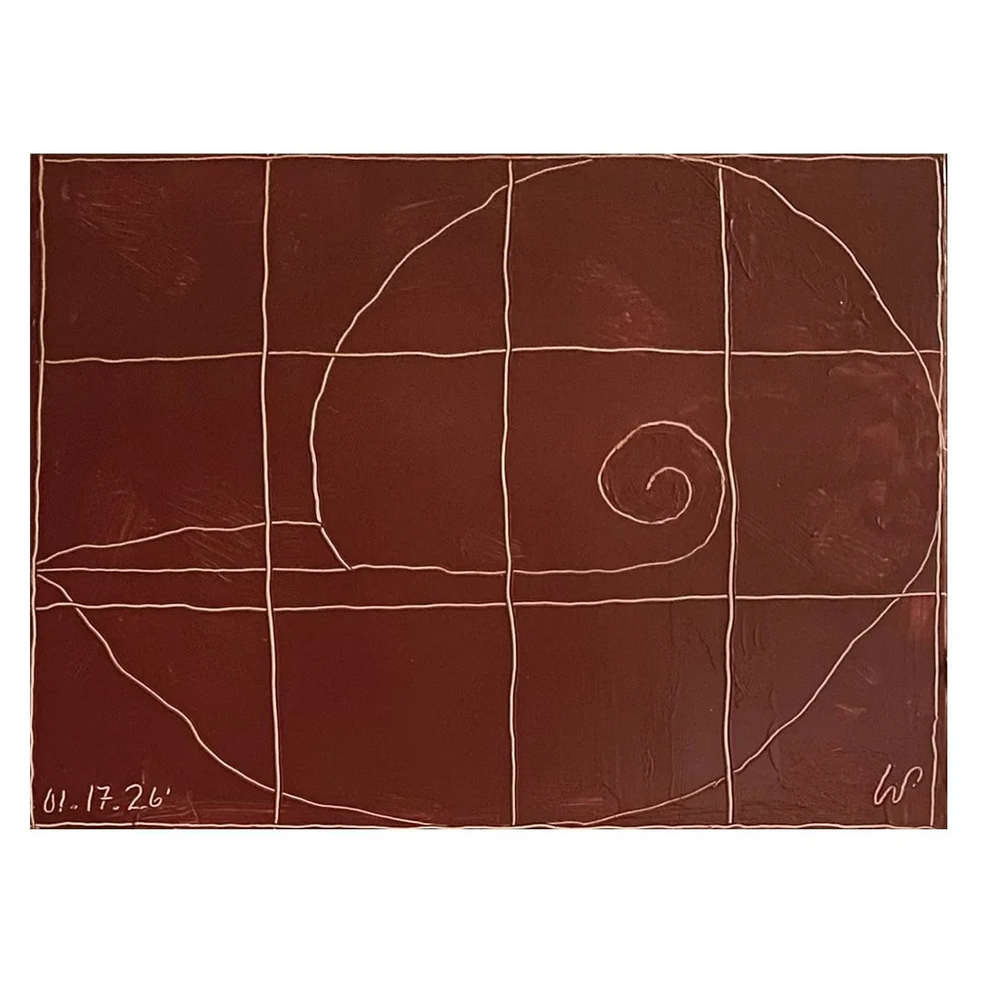 Wayne Pate | Ammonite in Burnt Siena | Acrylic on Wood Panel | 12 x 16 inches | 2026