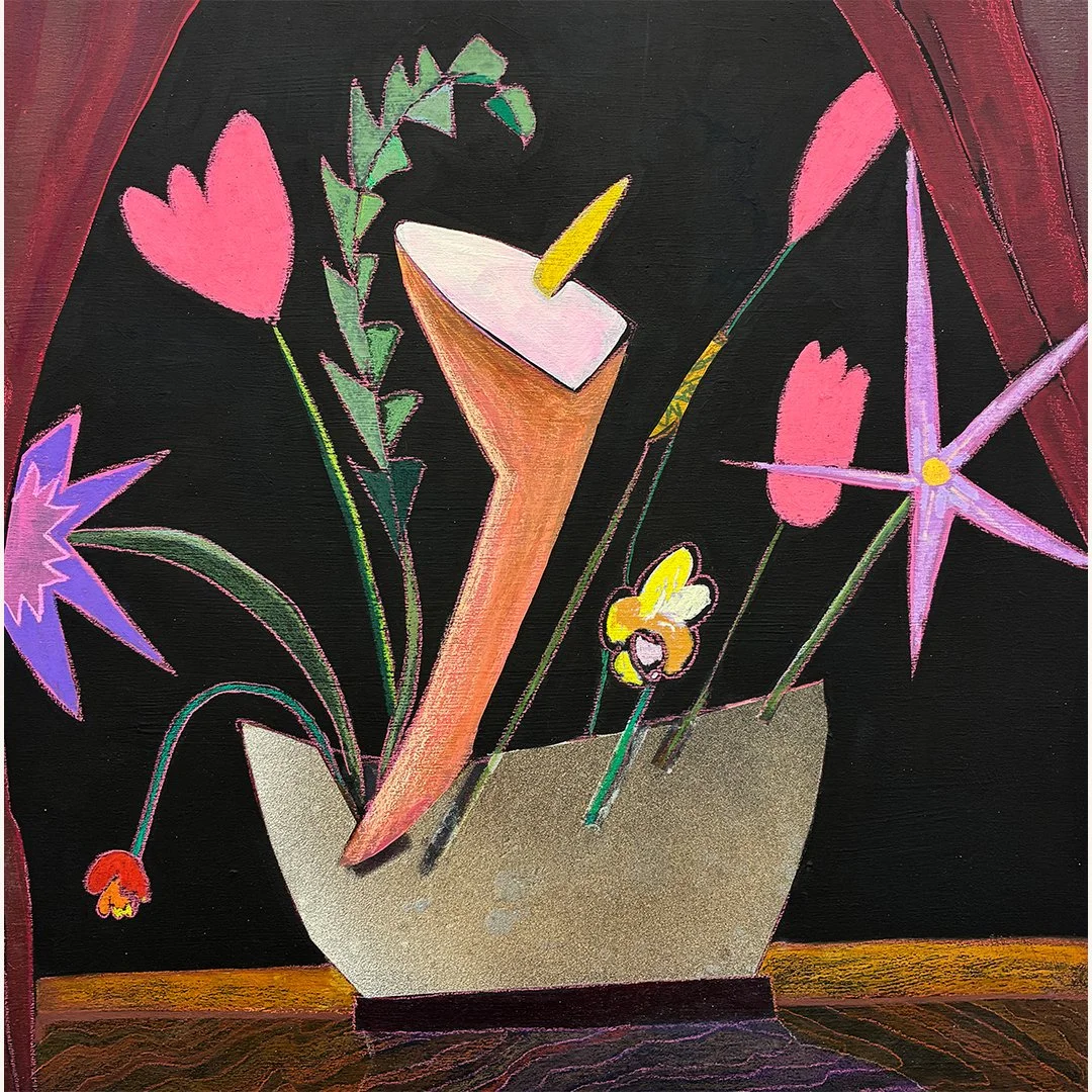 Luke Forsyth | Behind the Red Curtain #2 | Pastel, Colored Pencil and Black Gesso on Panel | 18 x 18 x 1.75 inches