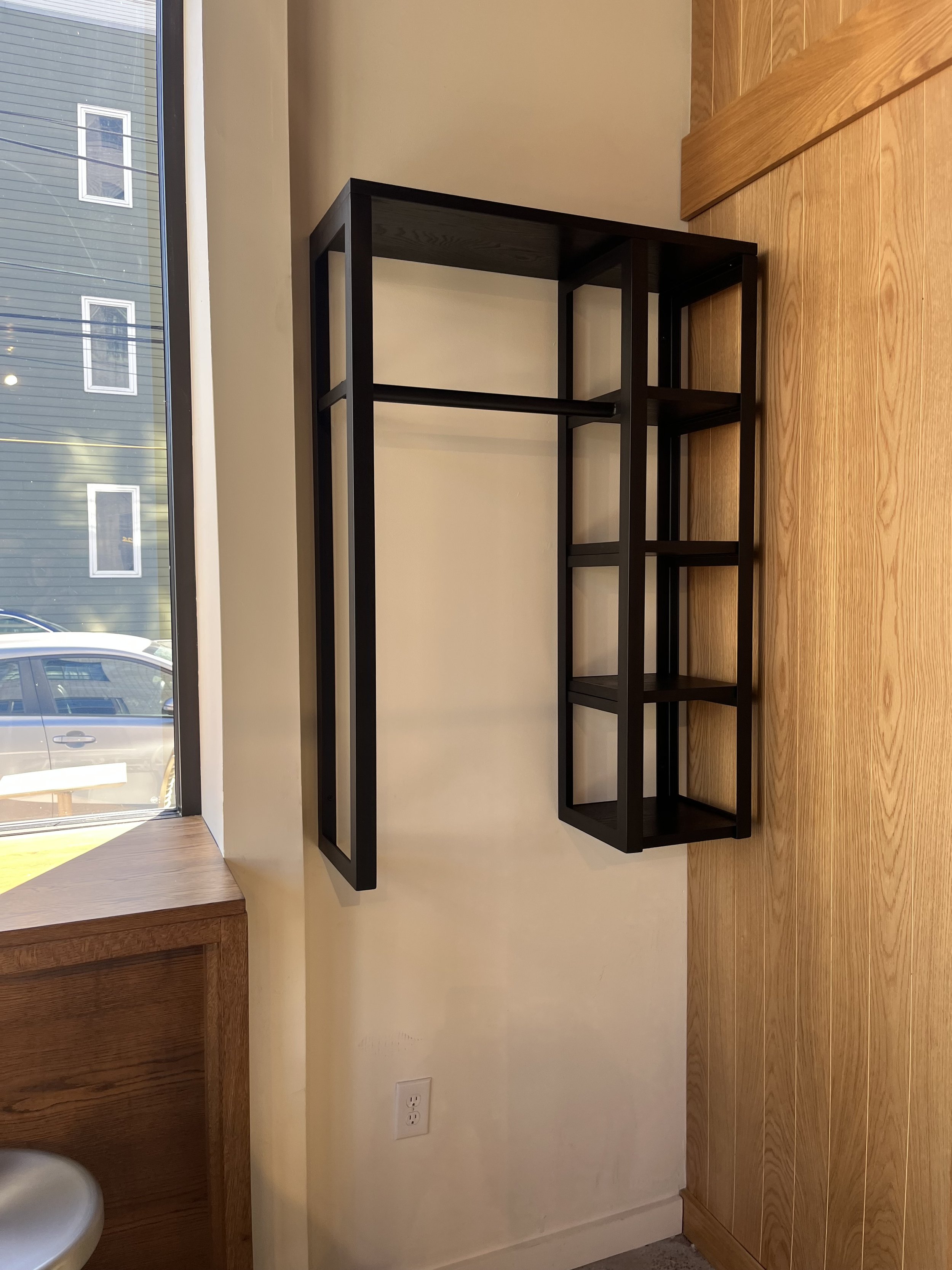 Steel Shelving with ebonized wood for Rival Bros Coffee