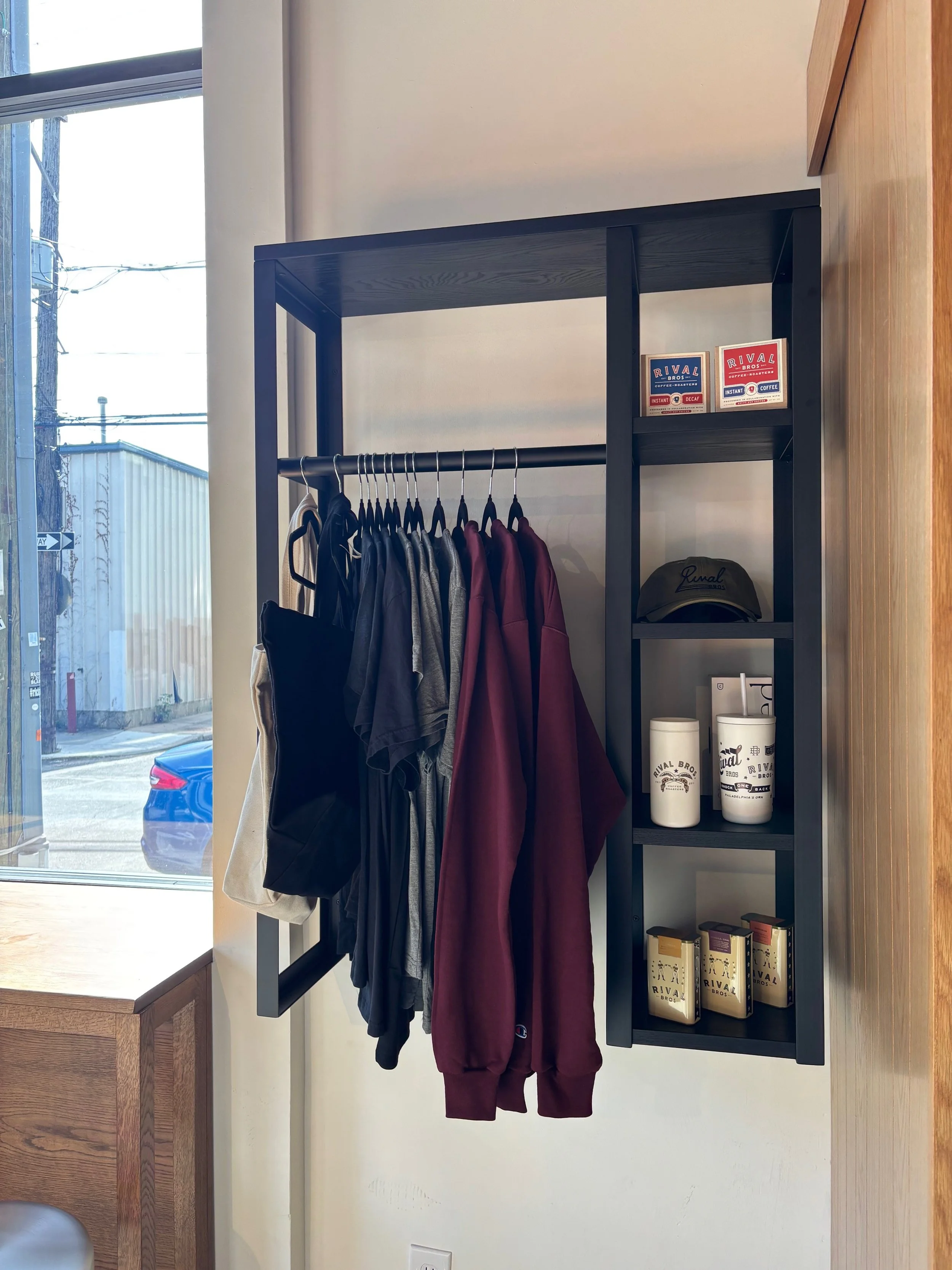 Steel Shelving with ebonized wood for Rival Bros Coffee