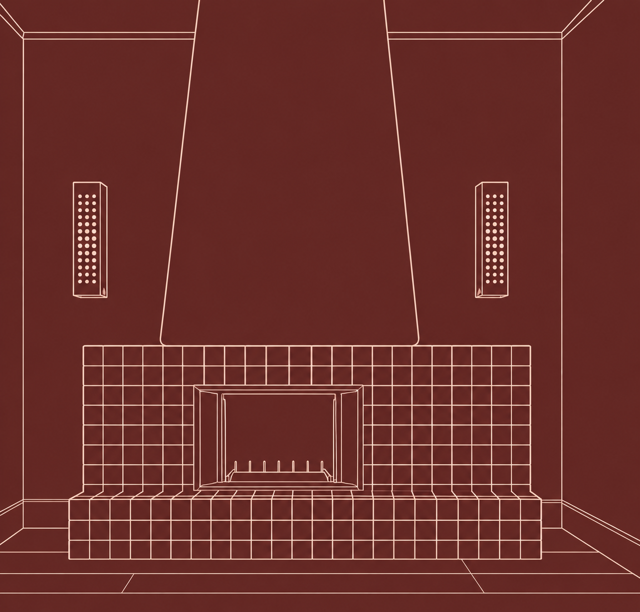 Midcentury modern fireplace line drawing
