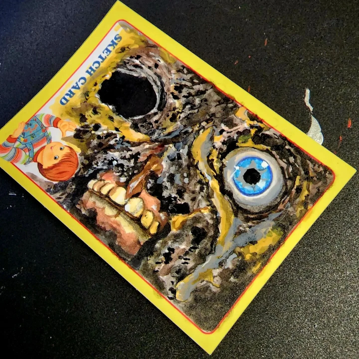 *Work in Progress*... Child's Play Sketch Card from the @frightrags trading card set  a couple years back. Finally using one of my AP's. #art #artist #sketchcard #Sketch #paint #painting #drawing #chucky #childsplay #horror #horrormovies #tradingcard