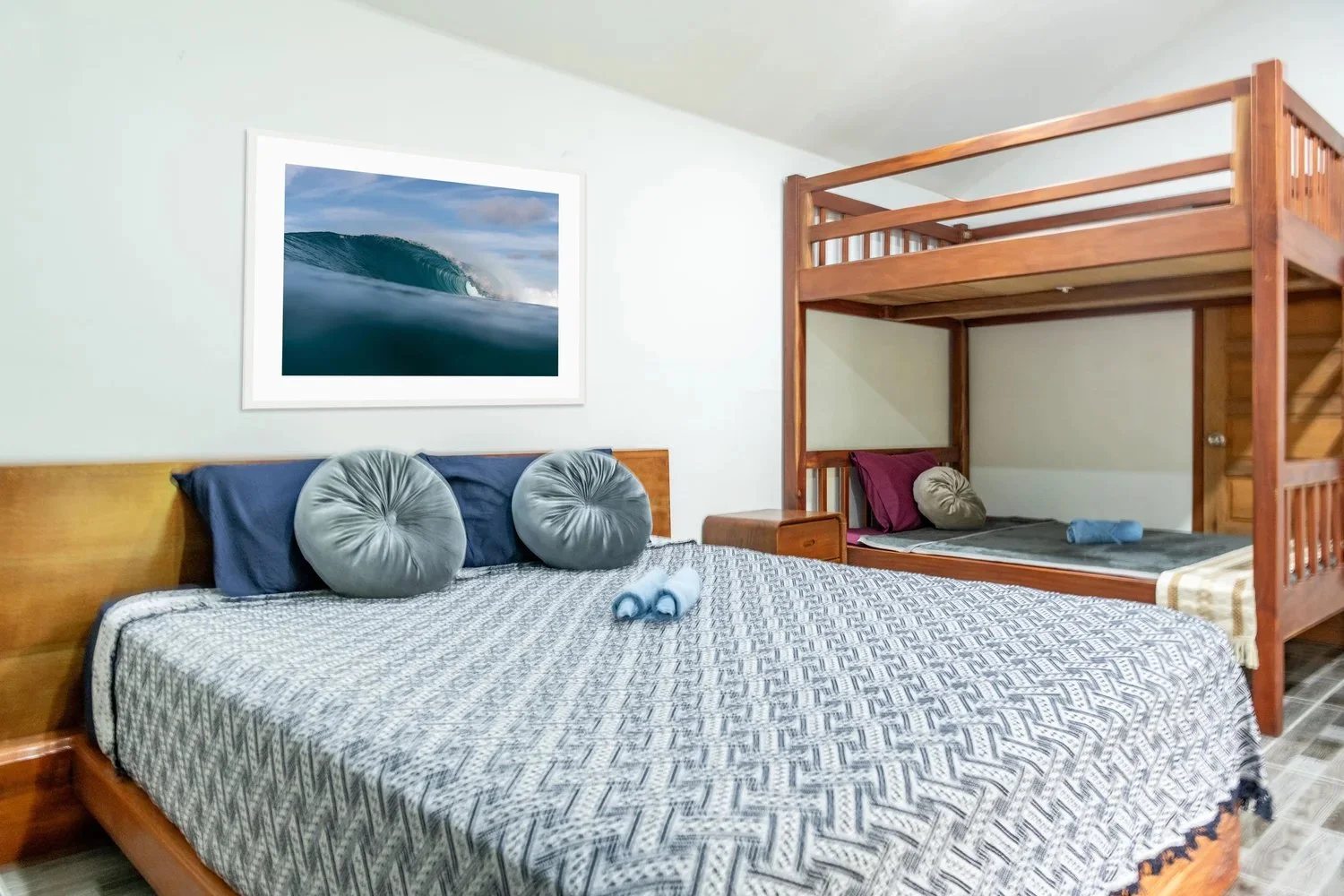 Resort &amp; Accommodation
Rooms
Two of our rooms have a king size bed and double size, double bunks with two large en-suite bathrooms. 
Our newly renovated 3rd room can be configured with a king bed or 2 king singles.
All 3 rooms have AC and 2 have 