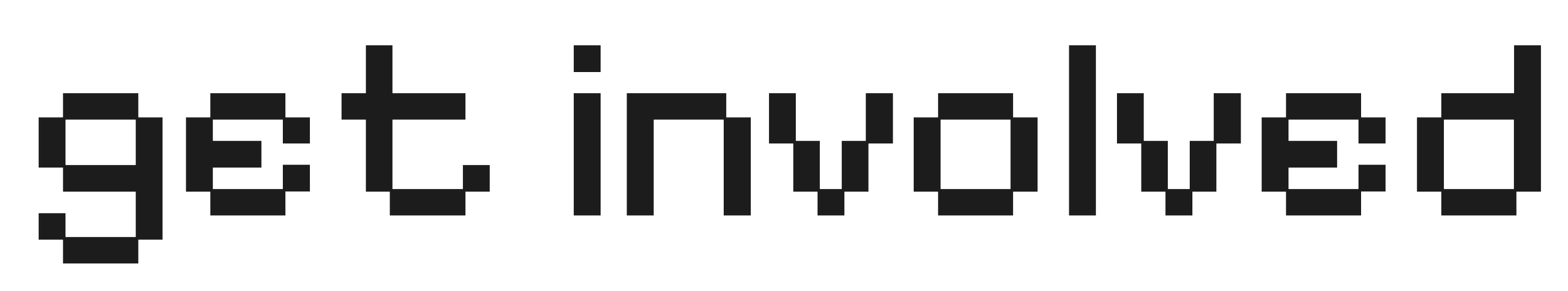 Digital pixelated text spelling 'get involved' in black with a white outline.