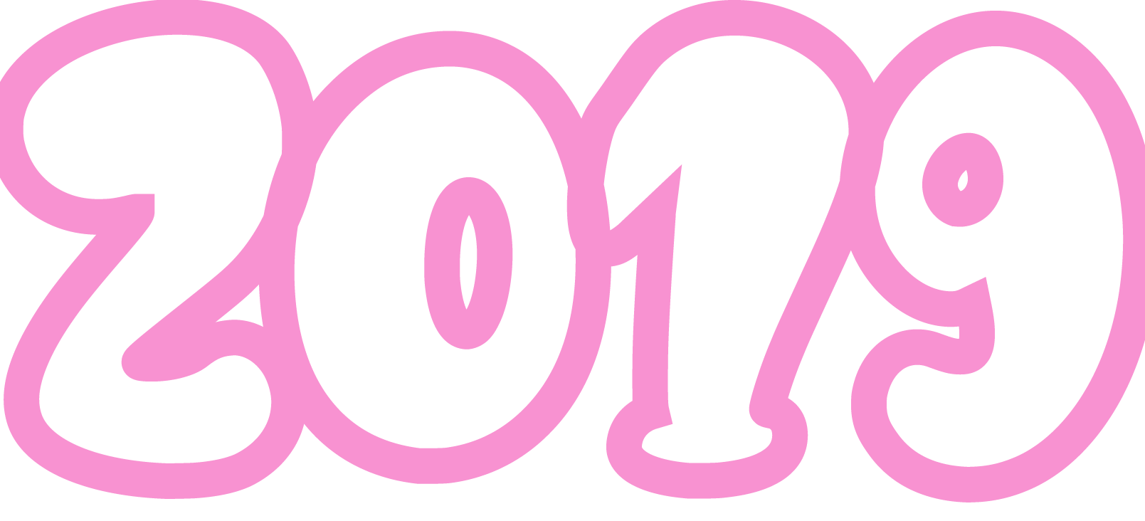 Pink and black graphic displaying the year 2019 in stylized, playful font.