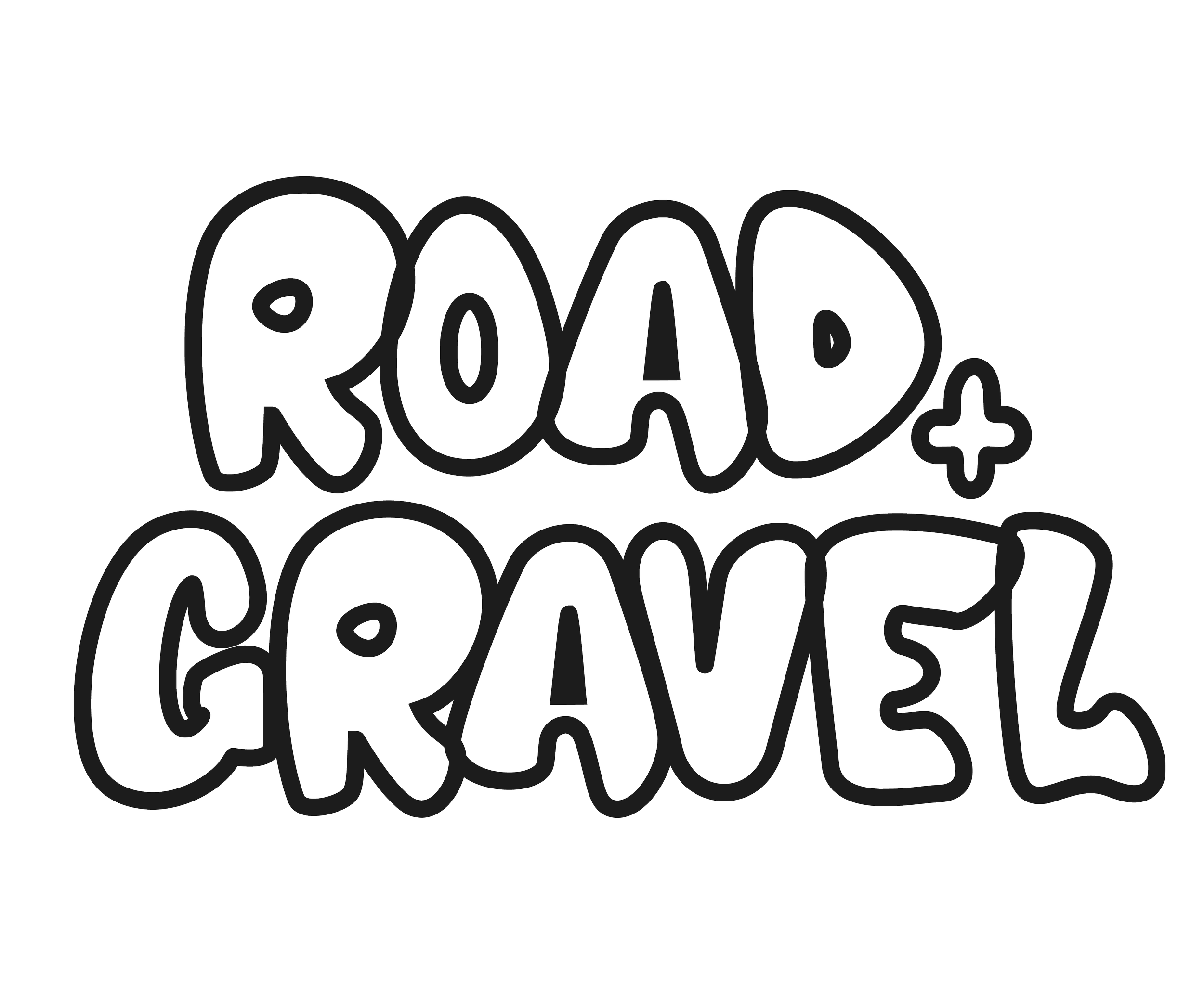 Bubble letters that read "Road + Gravel"