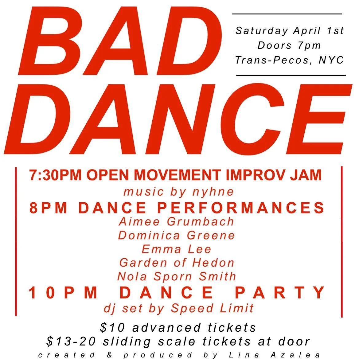 ‼️‼️BADDANCE IS BACK&hellip;. At @trans.pecos ‼️‼️‼️SATURDAY 4/1 7PM

DOORS 7pm
‼️MOVEMENT IMPROV JAM OPEN TO **everyone**‼️
With music by nyhne (@nan_kim_)

‼️DANCE PERFORMANCES ‼️ featuring 
Aimee Grumbach (@vvv_aimee)
Dominica Greene (@draminica)
