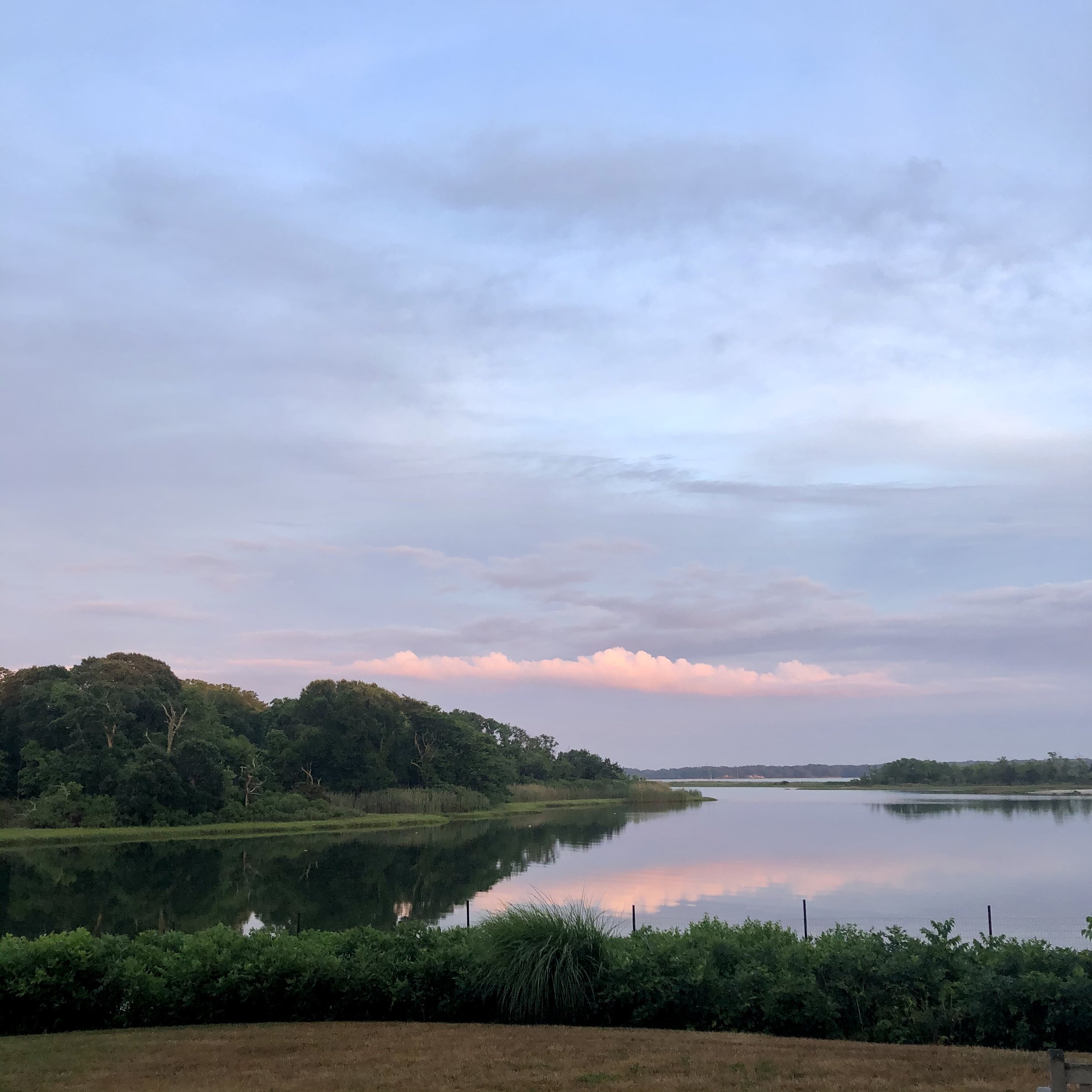 Scenic view of a calm river with trees on the bank, reflecting a pastel-colored sky with clouds.
