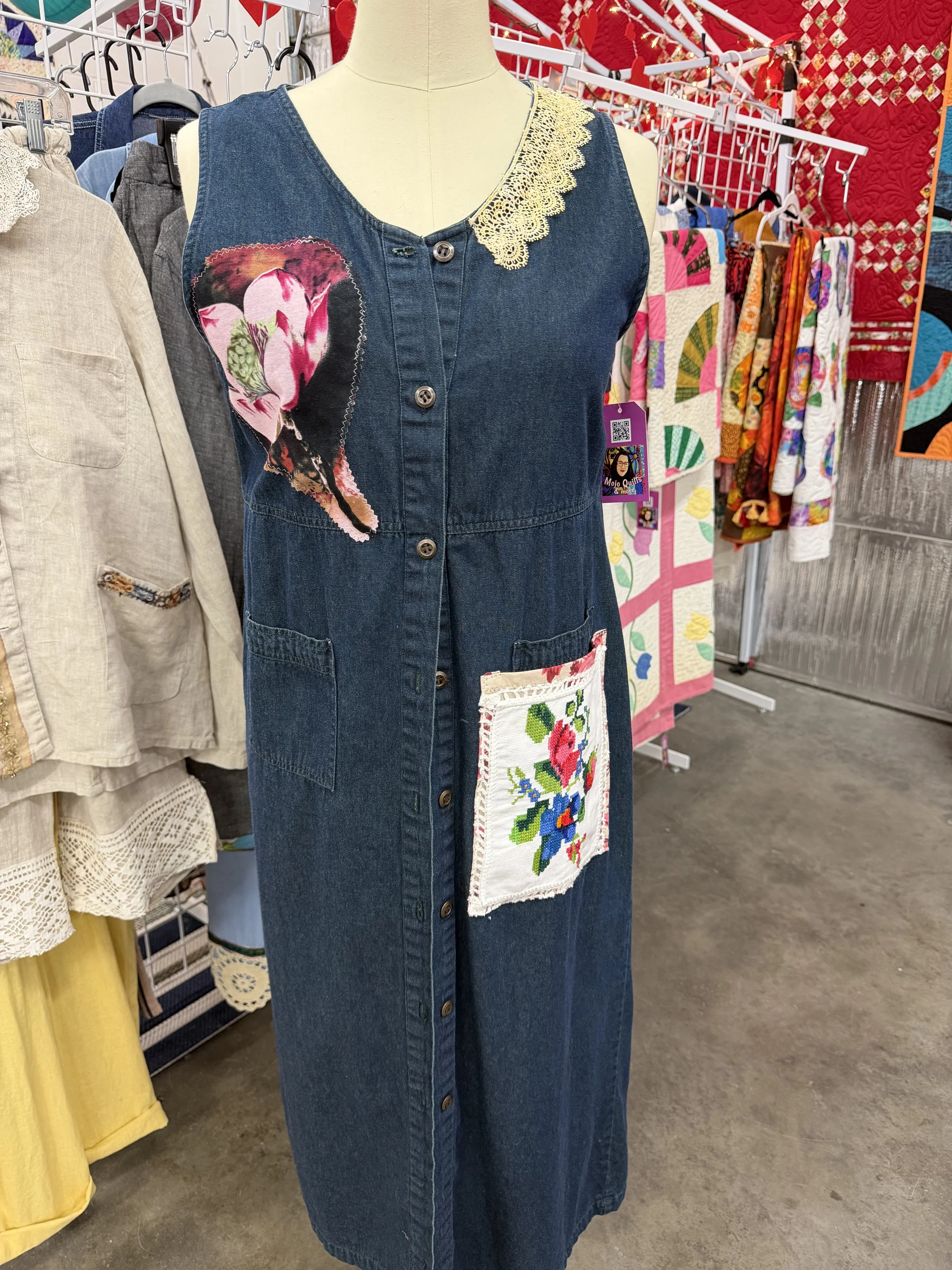 Up-Cycled Lace & Embroidered Denim Dress