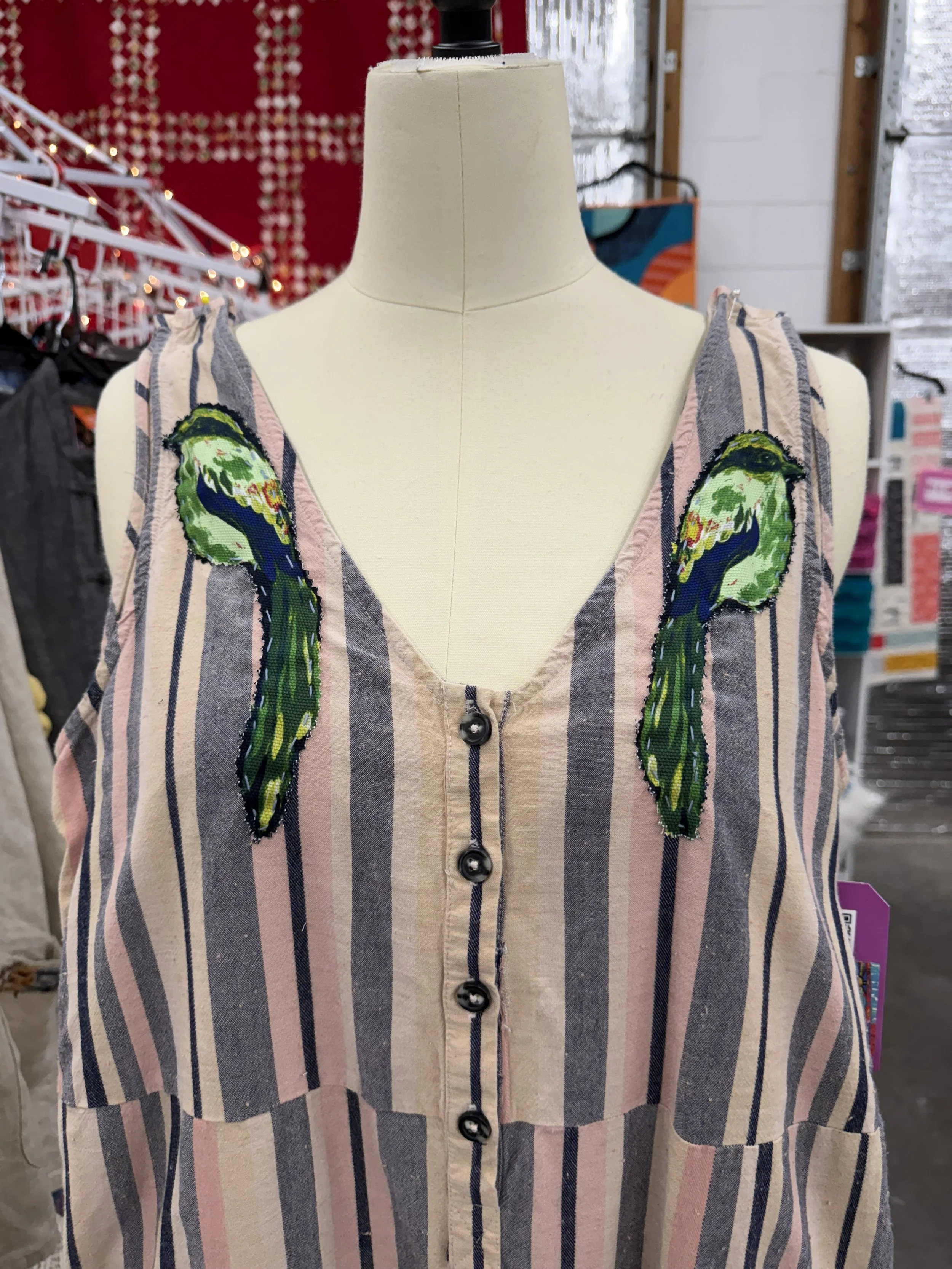 Up-cycled Stripe Jumpsuit with Patchwork