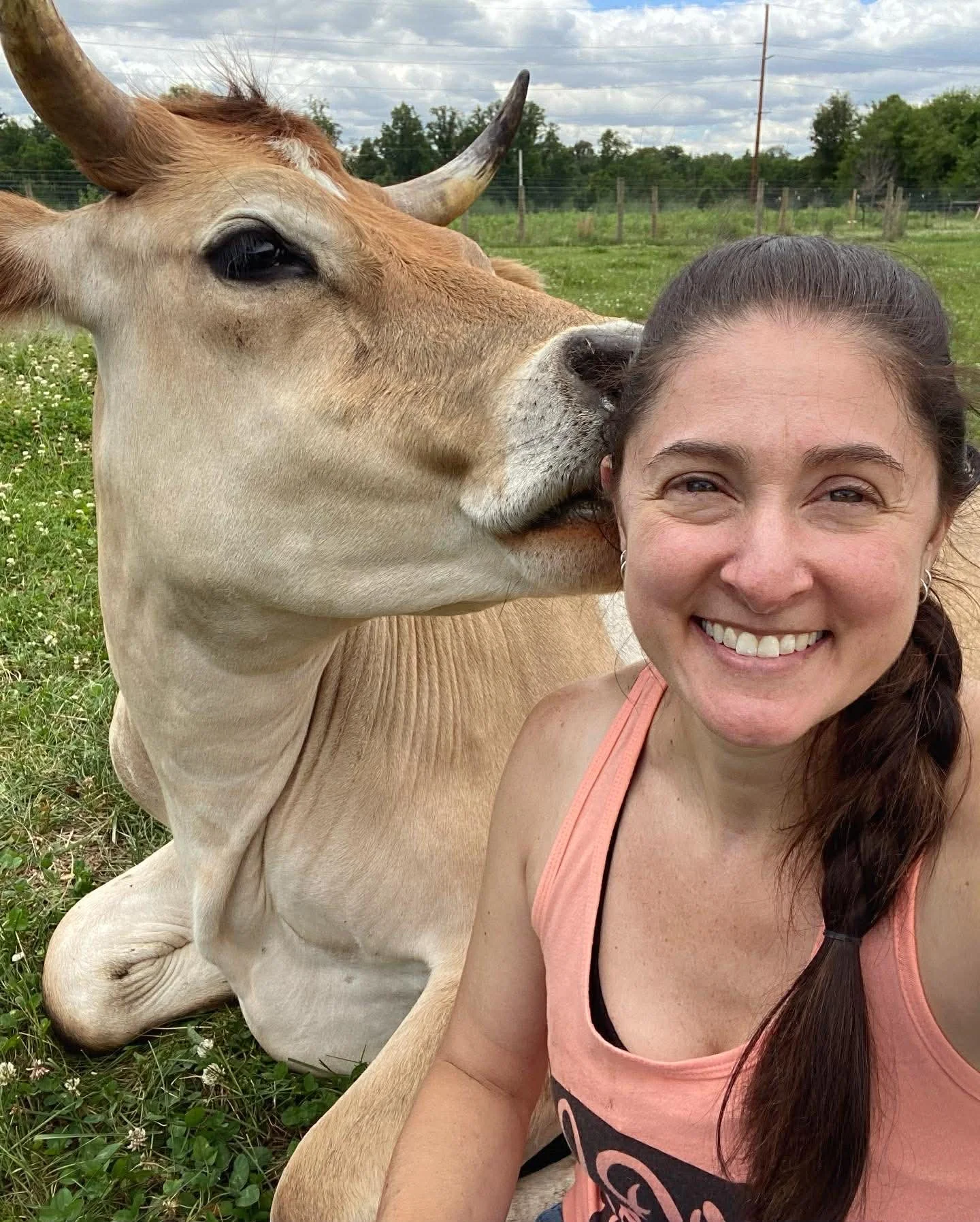 A woman with a wide smile and brown hair in a braid is taking a selfie with a light brown cow in a grassy field on a cloudy day.
