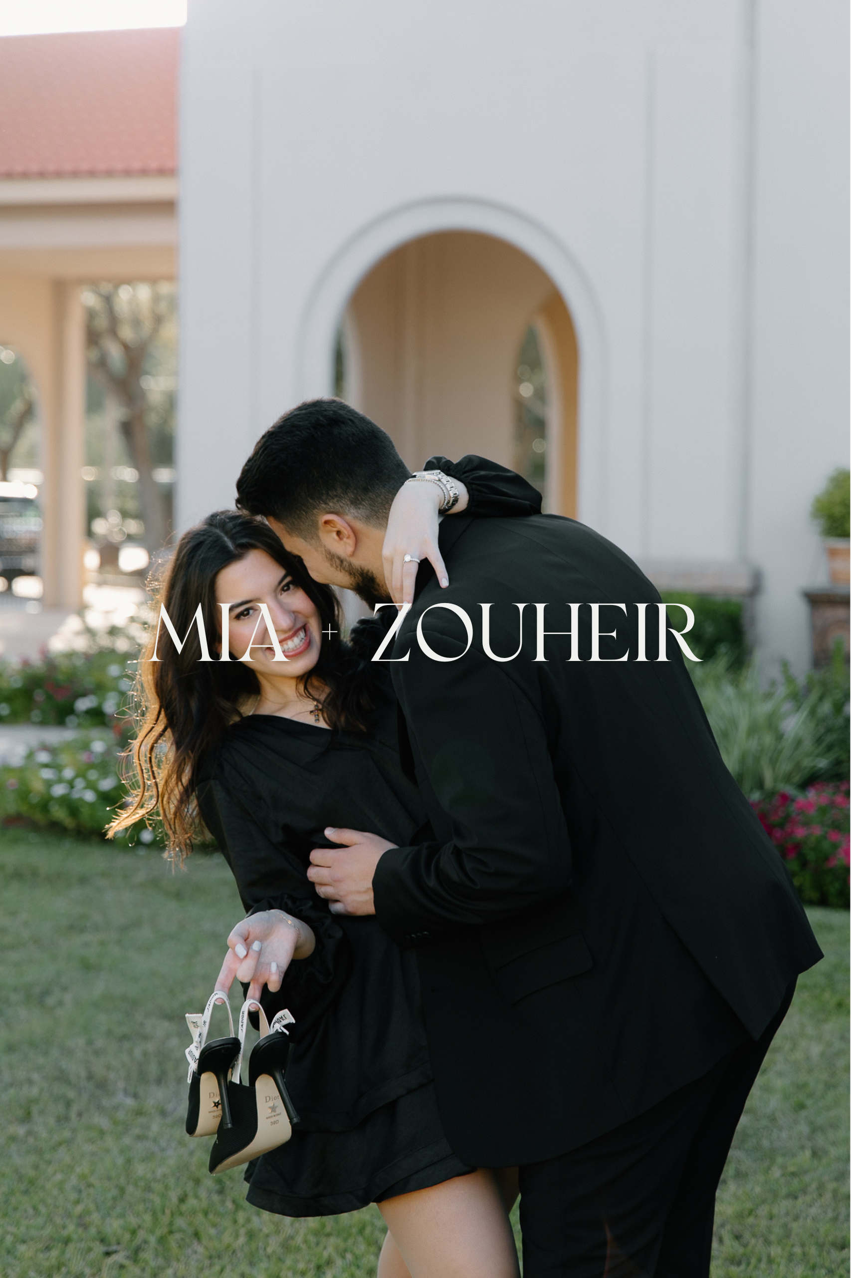 engagement photos post proposal outside of a church.