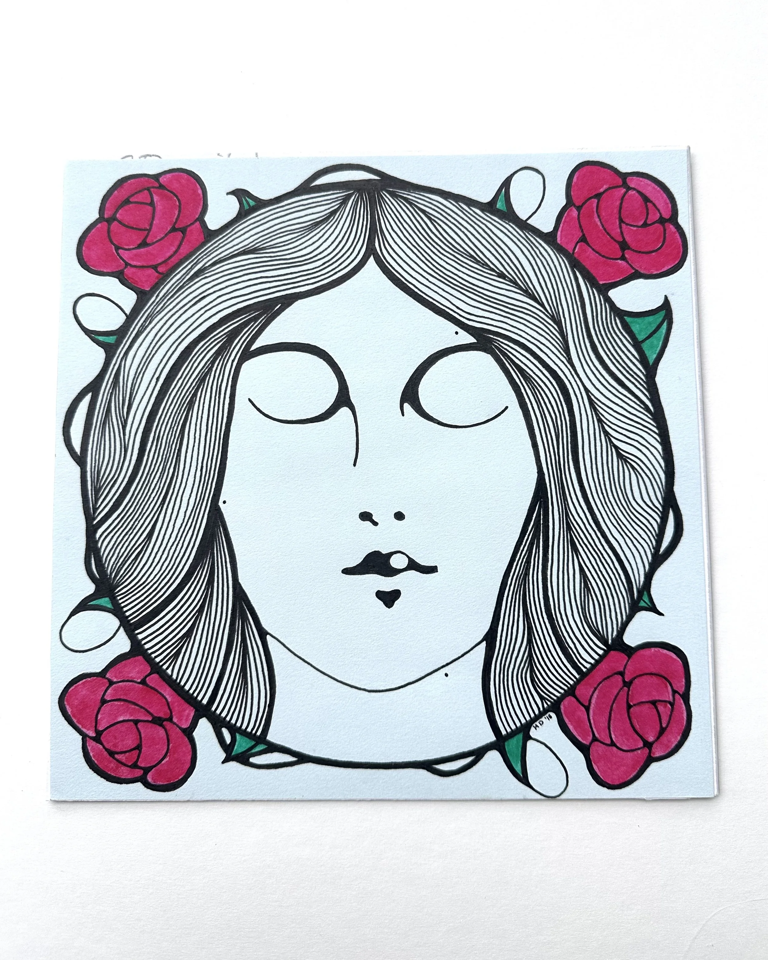 Blue Art Nouveau Full Moon Original Drawing 8x8