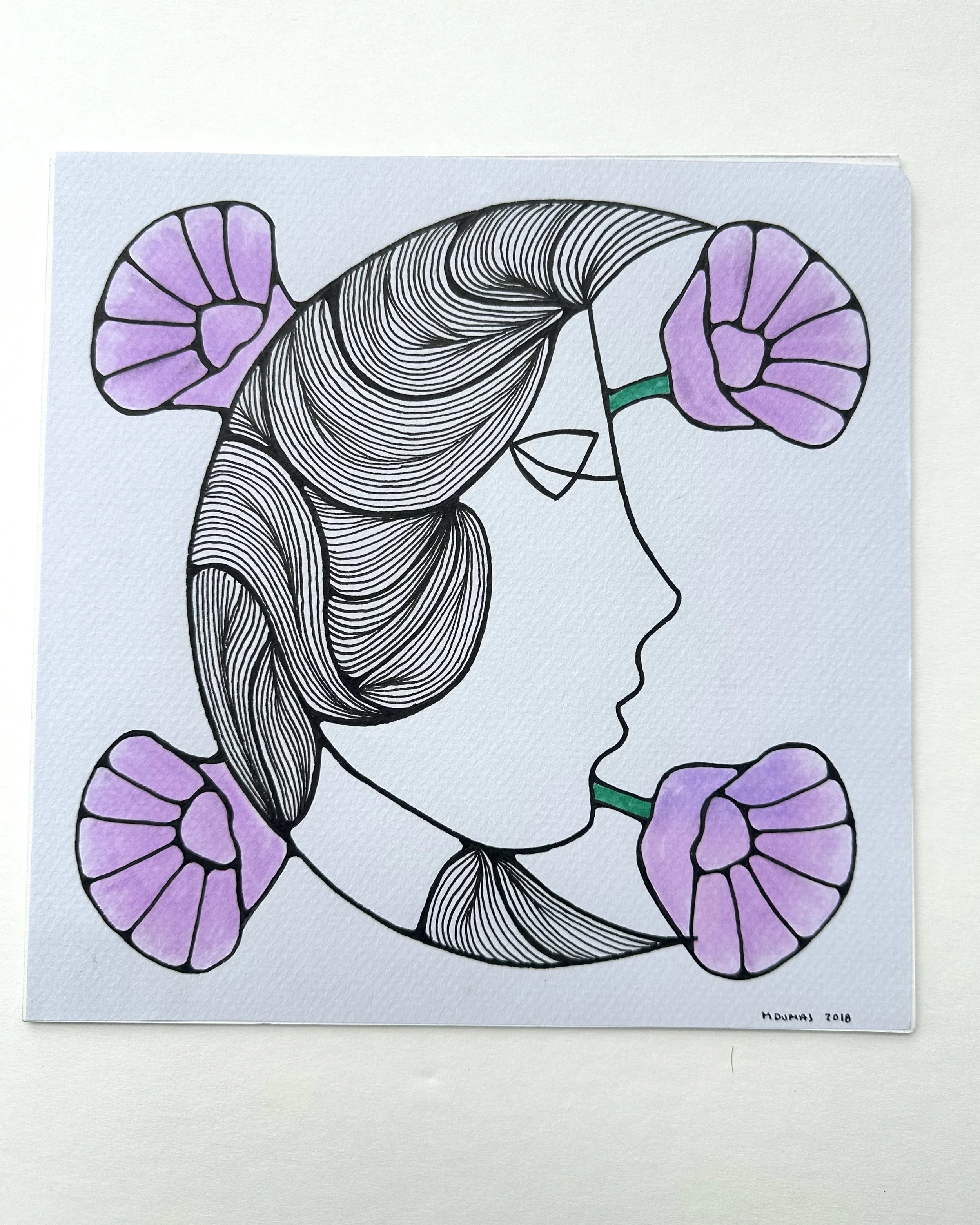 Purple Art Nouveau Crescent Moon Original Drawing 8x8