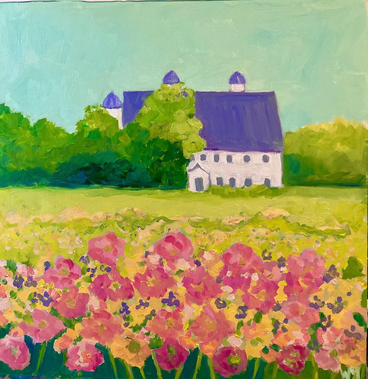 The DH Day barn near Glen Haven is a unusual barn French design of: octagonal cupolas, bell roof and a vaulted and ogee roof with slightly flared caves to permit water drainage. I have reimagined the setting with trees near the foundation and a meado