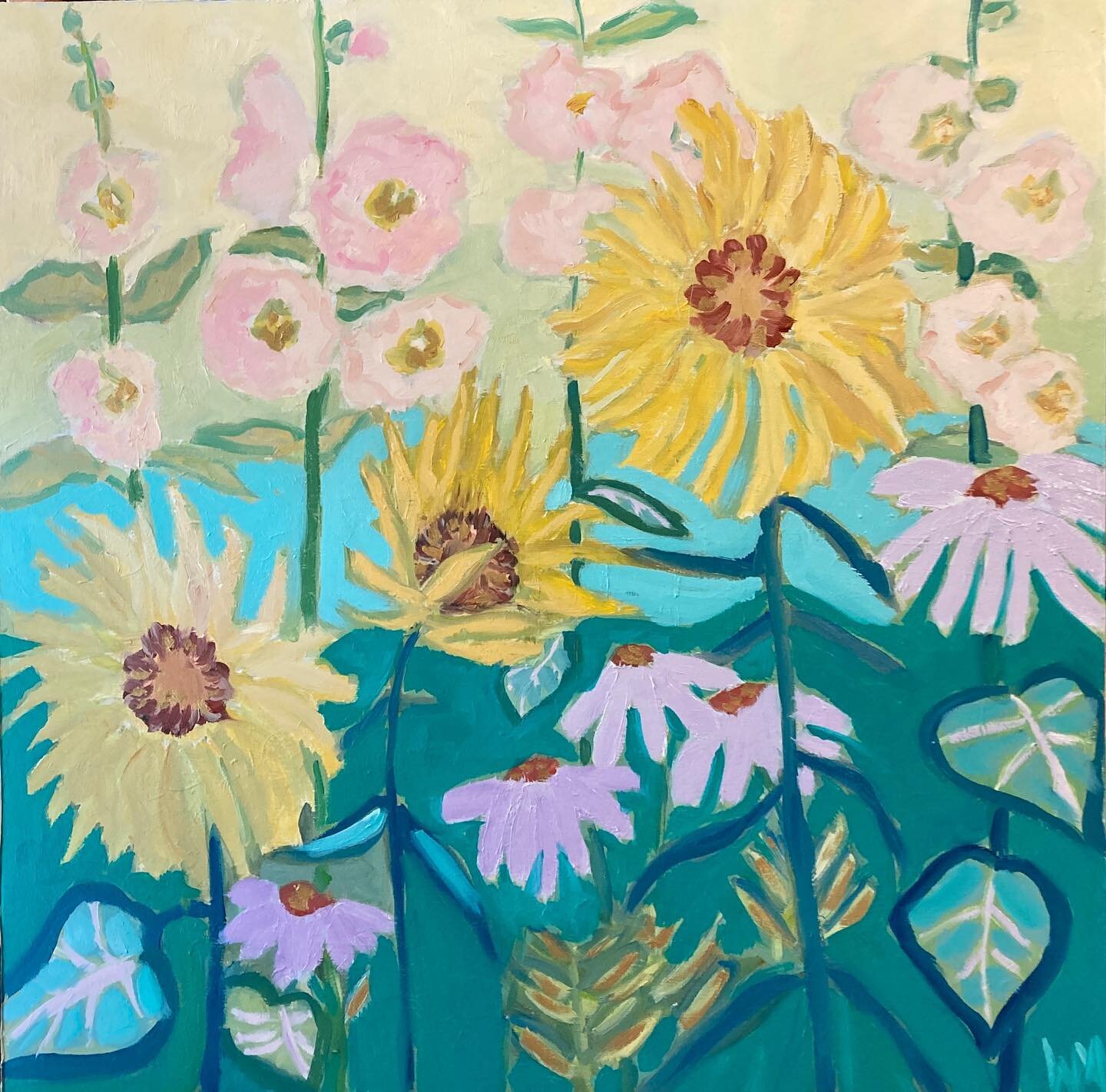Yellow Submarine
20x20, oil 
cradled board

In my yellow submarine 
sunflowers and hollyhocks seeking 
Sunshine.