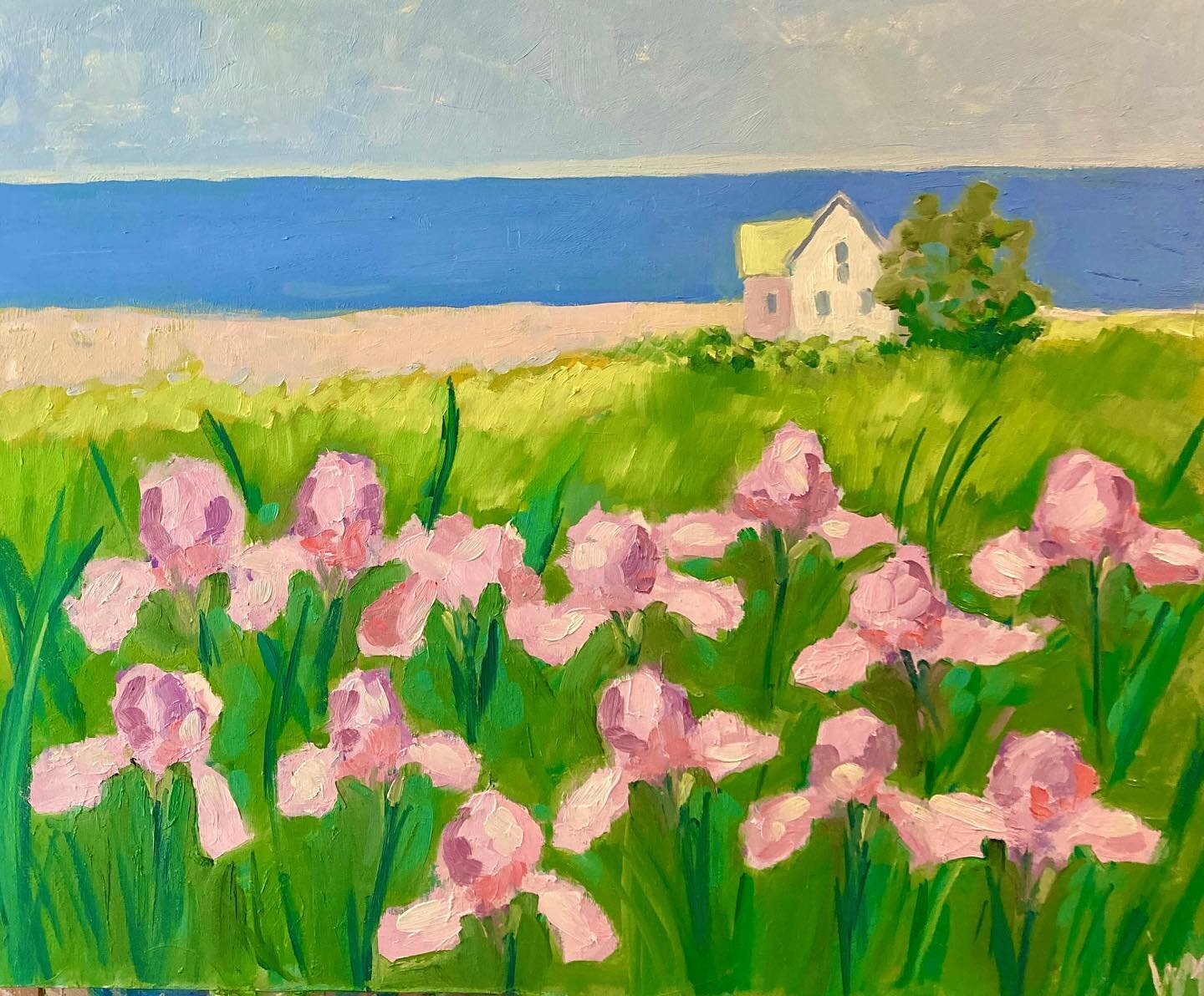 Forgotten Irises
20x20, oil on birch

Forgotten Iris
 
She was a young women in 1910
Sailed across the sea to a new life.
Her betrothed 
Labor a two years
To build her a home.
Window s looked out upon the big blue lake and fields of green begged for 