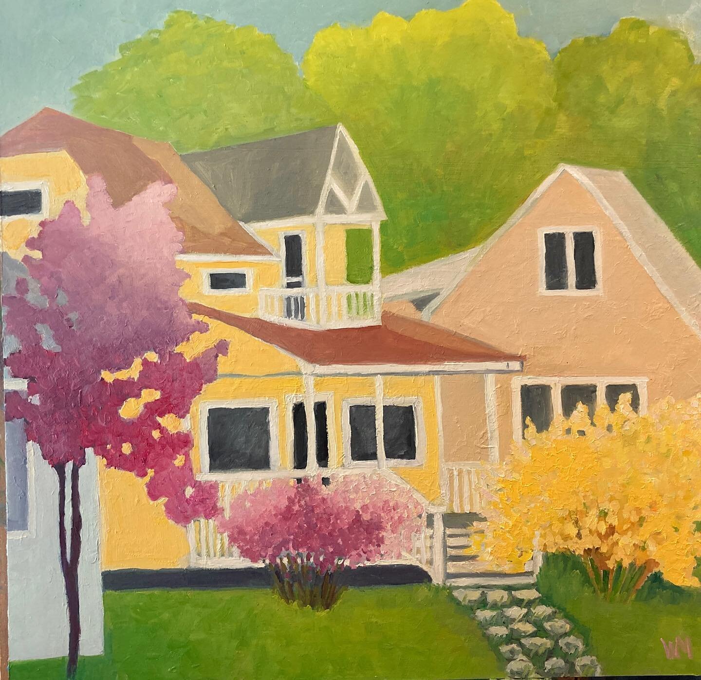 Cottage Row

20x20, oil on birch

Family Cottages all in a row.
Aunts, Uncles and cousins and Grandma and Grandpa, they each have their own. 
We run to the lake and splash and race to the raft. I win every time.
The Aunts bring us lunch of grilled ho