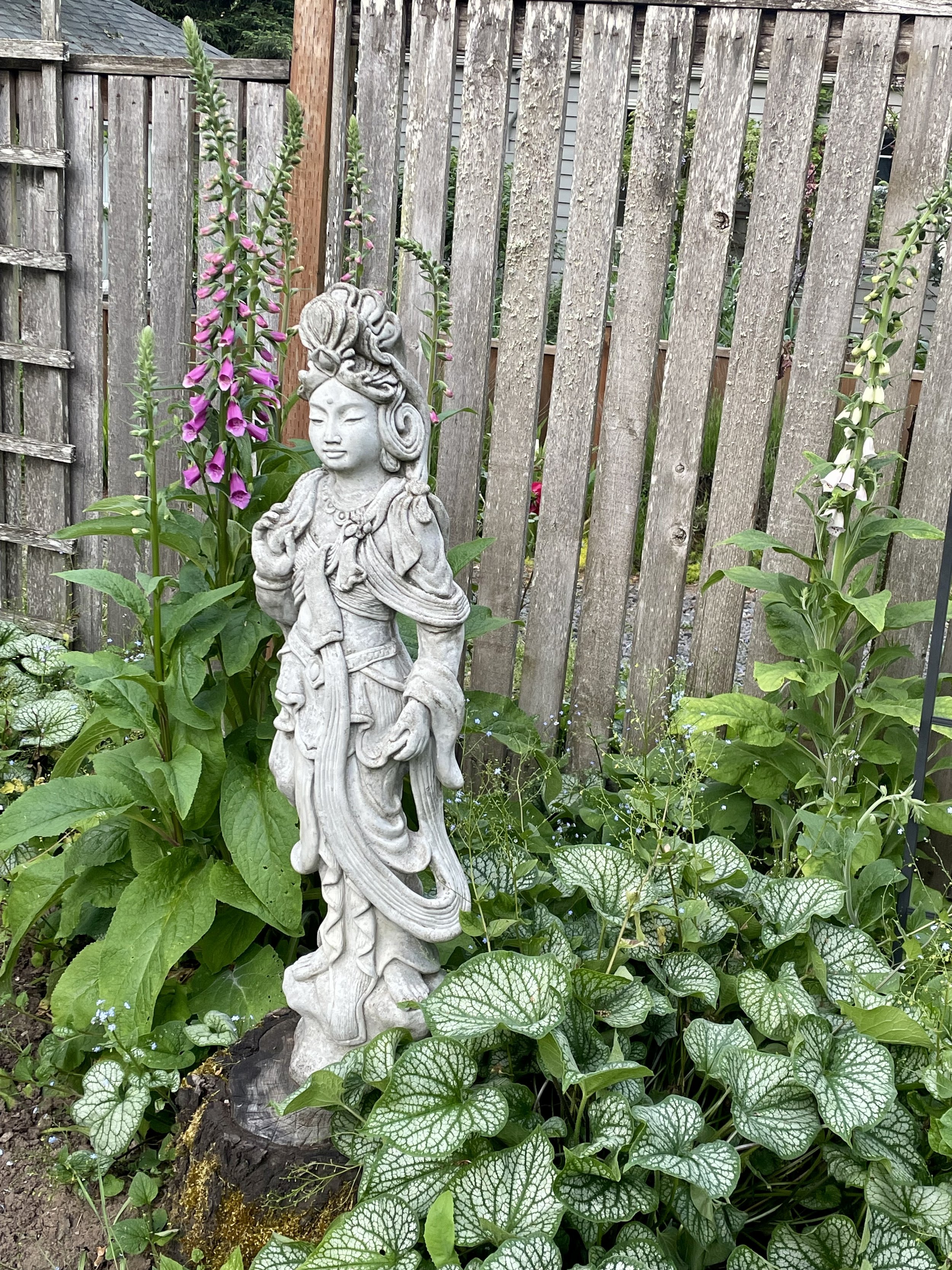 A small Quan Yin statue stood up in a backyard, surrounded by a wooden fence and several green leaves and flowers.