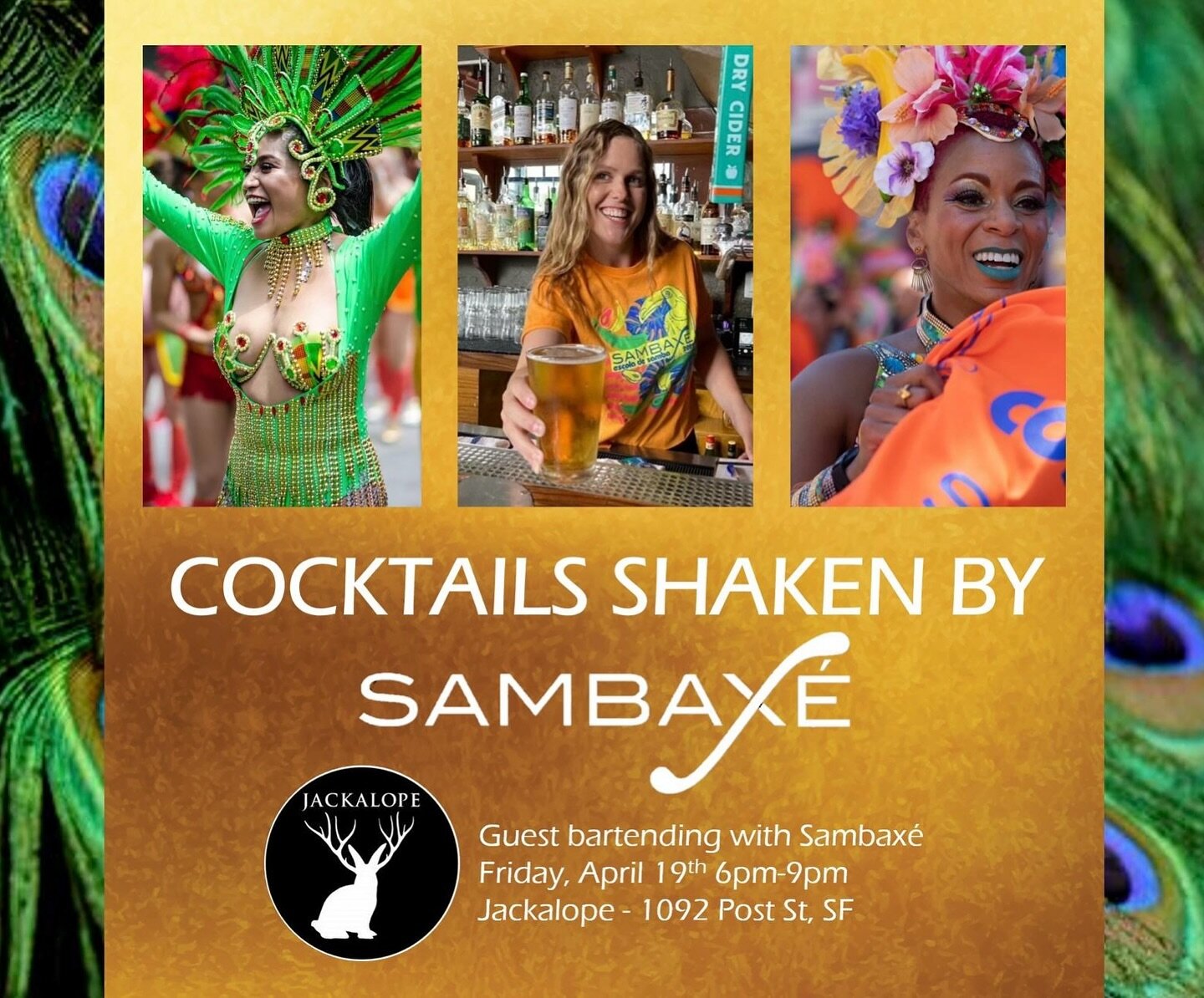 Let&rsquo;s shake it up! ✨
.
Meet us at @jackalopebarsf Friday, April 19 6-9pm
.
We fundraise not only for the sound system rental, but also to subsidize #CarnavalSF participation cost for dancers in our Sambax&eacute; familia. It takes a village! 
.