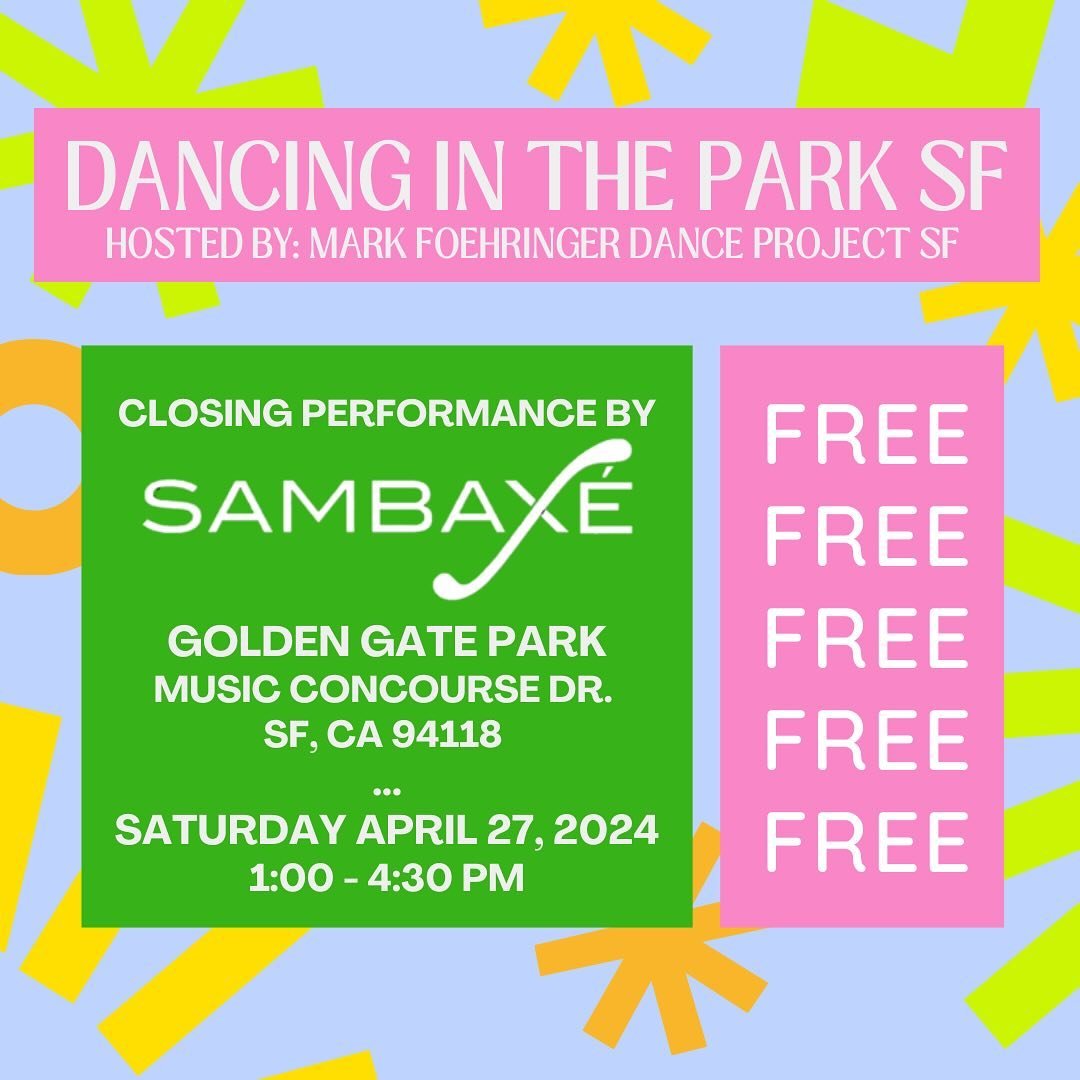 Come enjoy this FREE dance event hosted by Mark Foehringer Dance Project San Francisco!
.
Sambaxe will be closing the show! 
.
Saturday, April 27, 2024
1:00-4:30pm 

#carnavalsf2024 #carnavalsf #sambaxedance #ggp #goldengatepark #samba #sambaraggae #