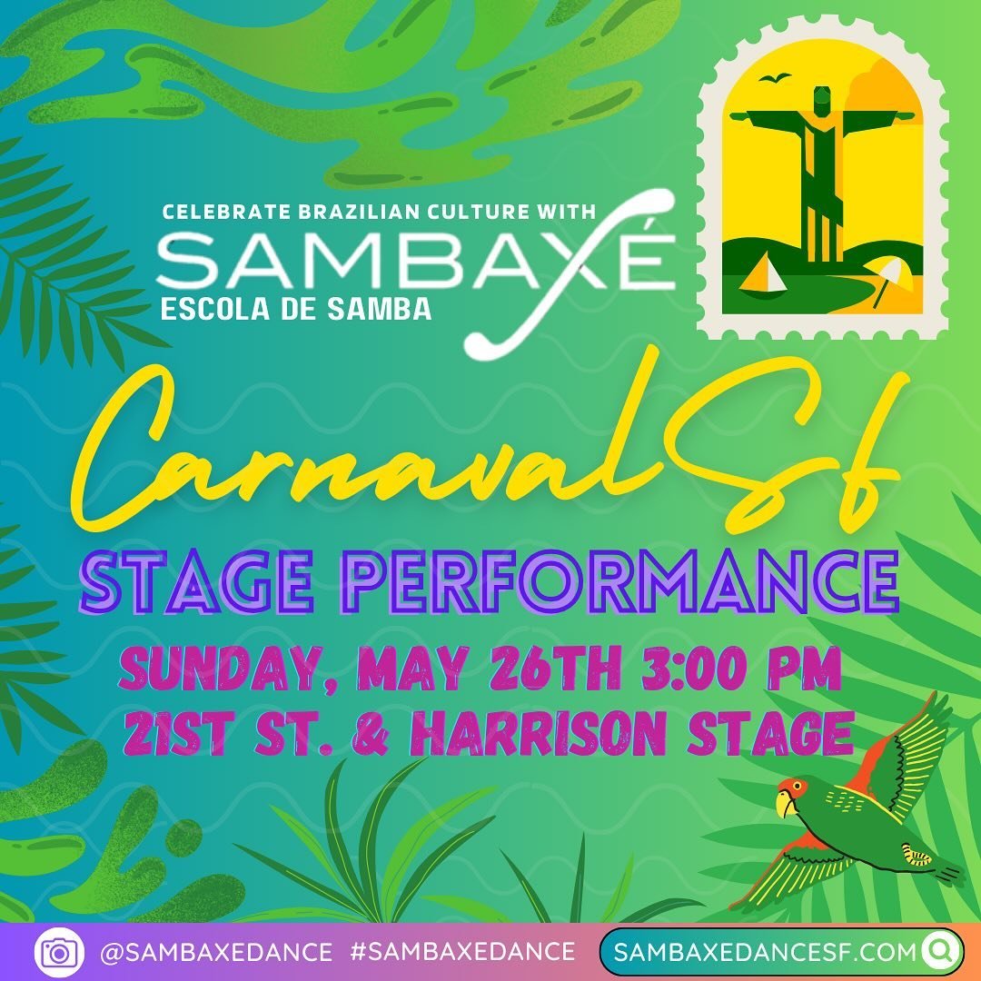 📍Take a little trip to&hellip;

Carnaval San Francisco Festival 
21ST ST. &amp; HARRISON STAGE
Sunday, May 26th 3:00 pm 
.
Come watch us shake the stage! 🌺
.
#carnavalsf2024 #carnavalsf #sambaxedance #lamission #sfnative #samba #sambaraggae #samban
