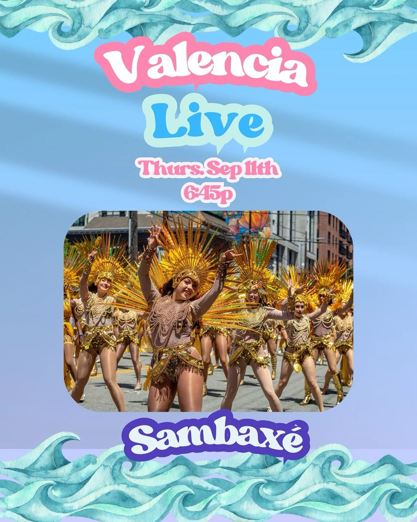 Come out and watch some of our wonderful Sambax&eacute; dancers perform at Valencia Live🤩 We&rsquo;ve missed performing and we&rsquo;re excited to feel yalls energ&iacute;a again🫶🏽🩵

📍Valencia &amp; 18th, San Francisco
⏰Thursdays at 6:45

Come d