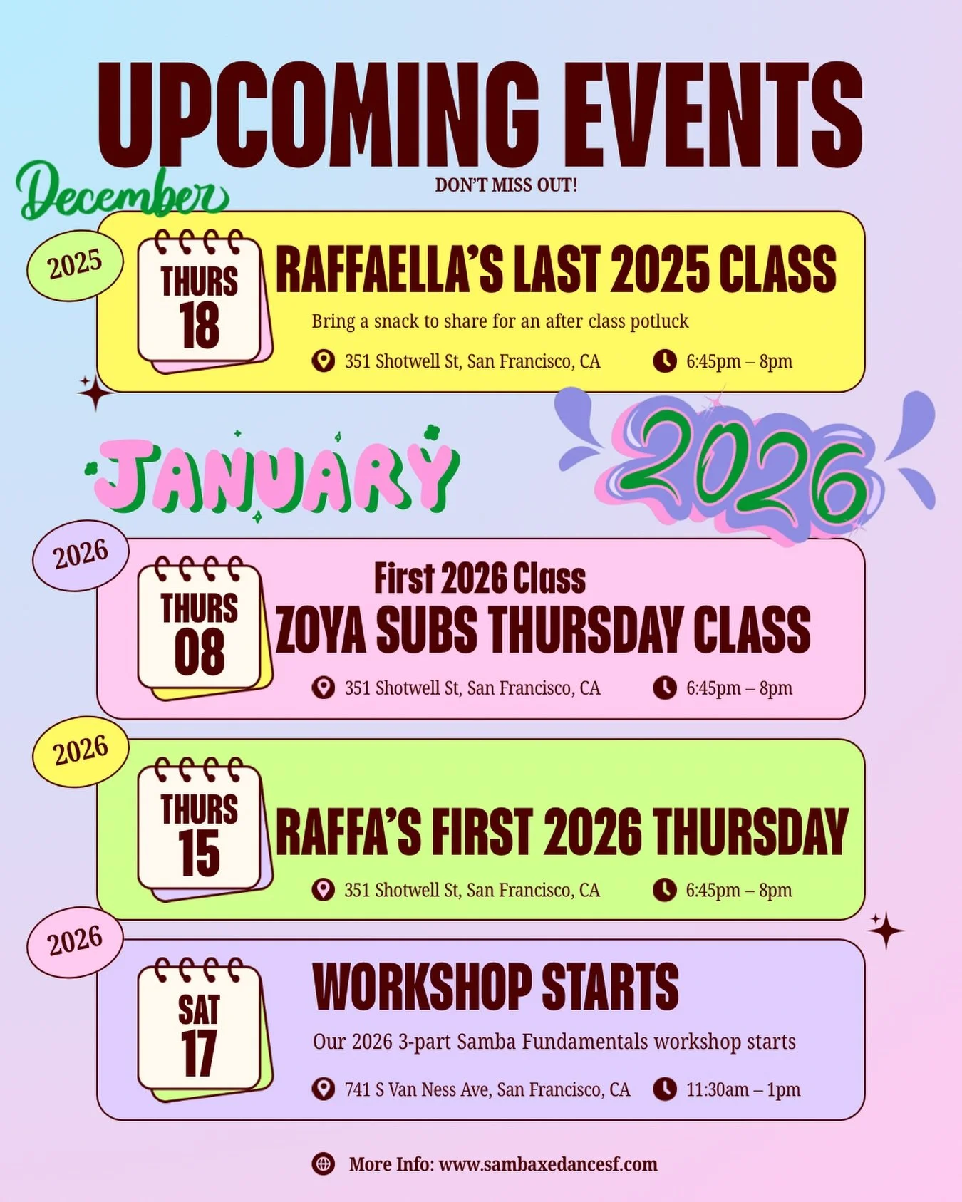 Upcoming Sambax&eacute; events🤩 As the year comes to an end and come celebrate with Sambax&eacute; 🫶🏽 

Come try out our class as we get ready for the 2026 Grand Carnaval Parade🎉

💃🏽Every Thursday night at ODC from 6:45p-8p join us for our all 