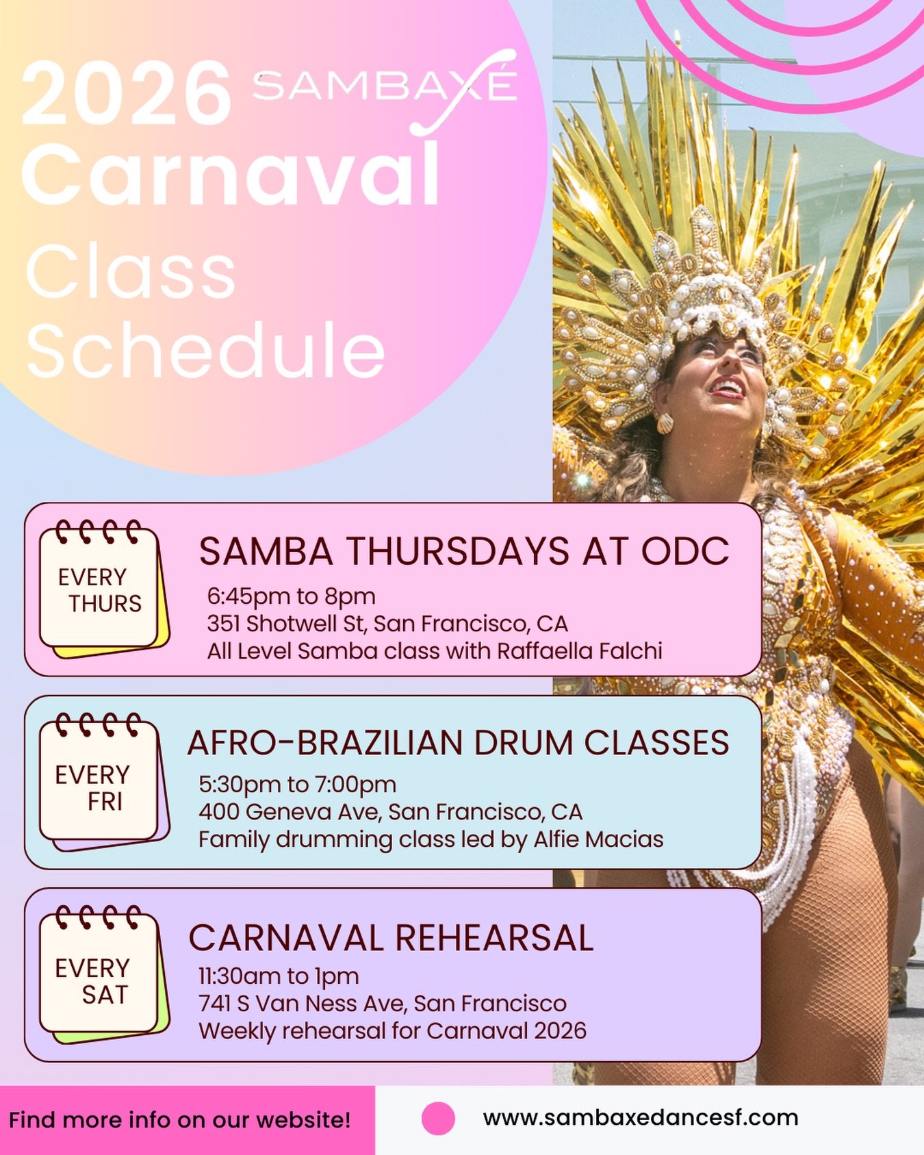 Our 2026 Schedule is here🥰  Join us every Thursday through Saturday✨

 ✨Carnaval 2026 Registration is Open now✨ Find the registration link in our bio!

We are so incredibly excited for this season and for you to join us🩷 Come dance and drum with us