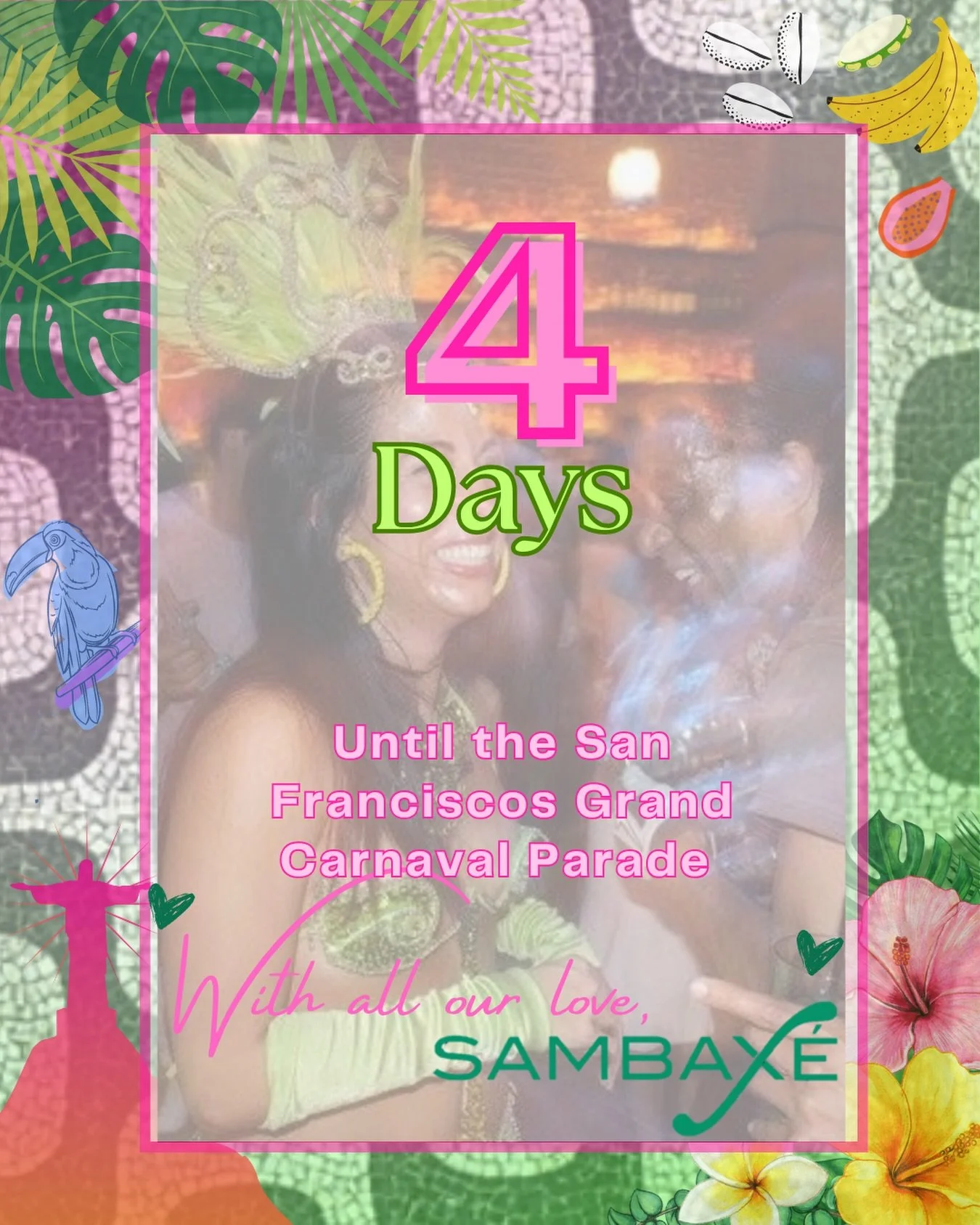 Omg! 4 Days until the San Francisco Grand Carnaval Parade✨

Sambax&eacute; will be #50 at the San Francisco Grand Carnaval Parade✨ We look forward to seeing you on May 24th🩷💚

Carnaval San Francisco! Memorial Day Weekend: Sunday, May 24th🤩💃🏽

Sa