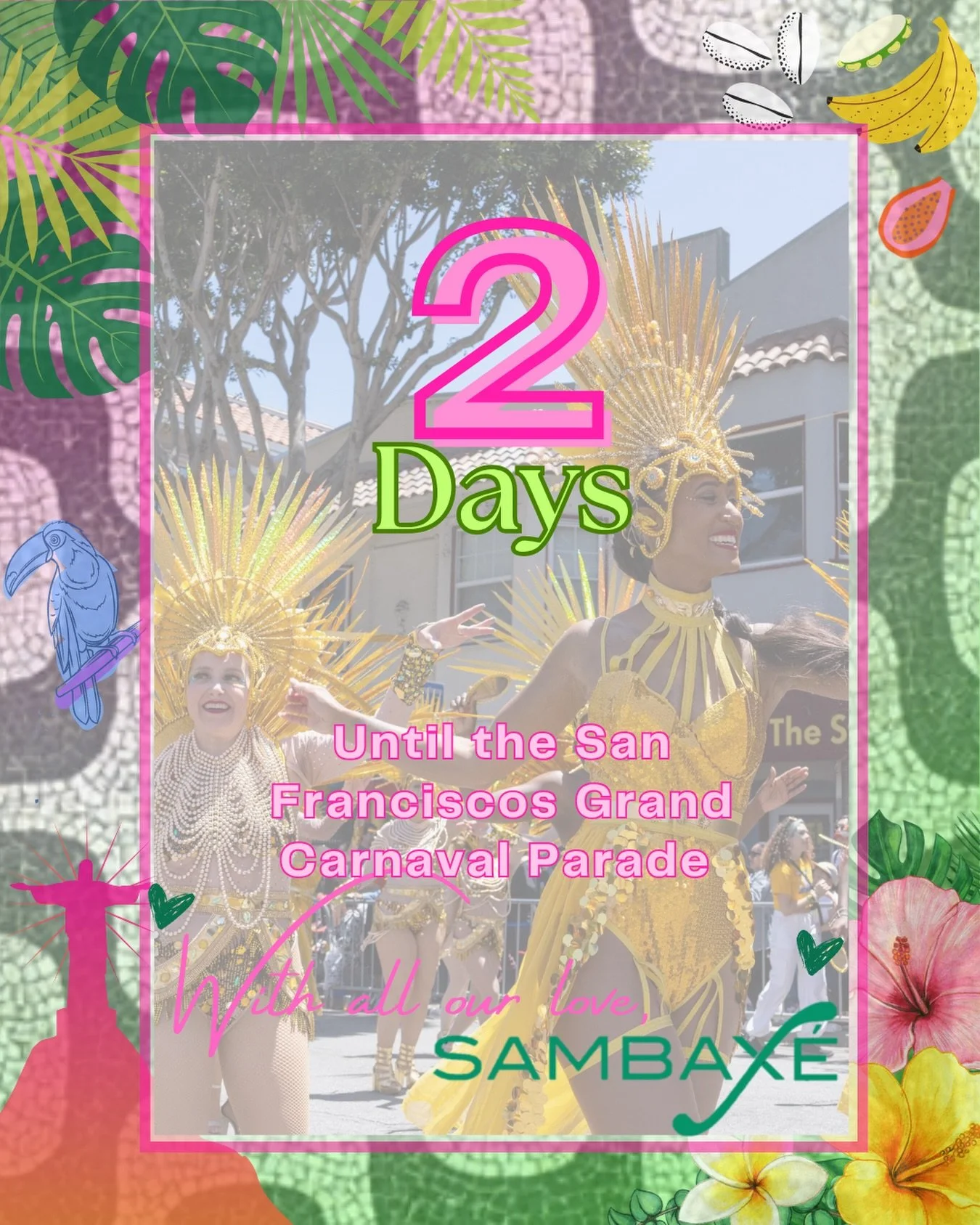 Happy Friday🤩 2 Days until the San Francisco Grand Carnaval Parade✨

Sambax&eacute; will be #50 at the San Francisco Grand Carnaval Parade✨ We look forward to seeing you on May 24th🩷💚

Carnaval San Francisco! Memorial Day Weekend: Sunday, May 24th