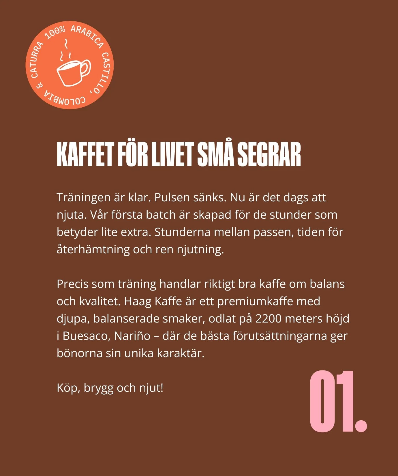 Text om kaffe och träning på brun bakgrund med en rosa nummer 01 i nedre högra hörnet och ett rödaktigt kaffe-ikon i övre vänstra hörnet.